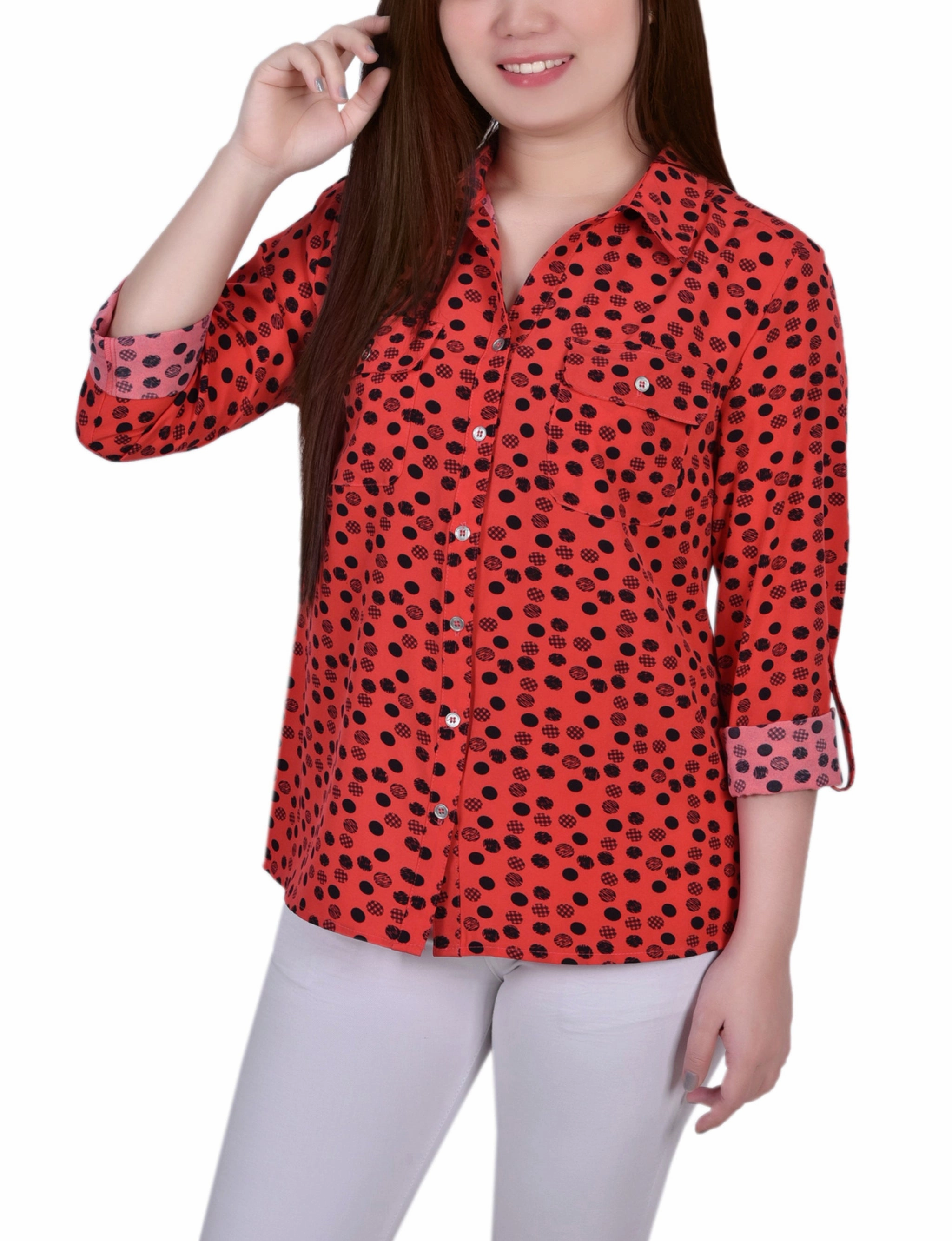 3/4 Roll Tab Blouse With Pockets Comfy Layer Stretchable Neckline