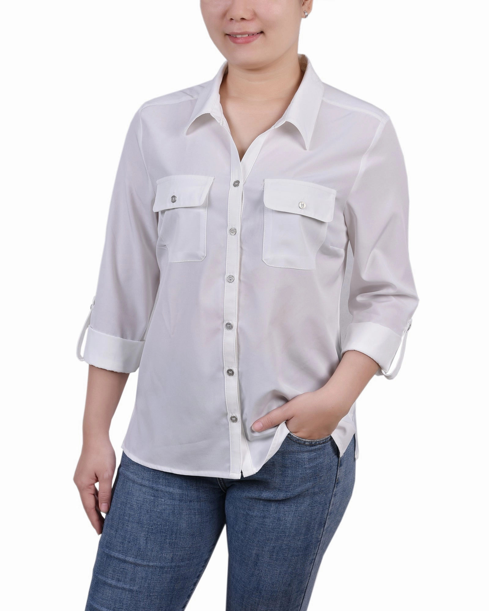 Overlock Edging 3/4 Roll Tab Blouse With Pockets