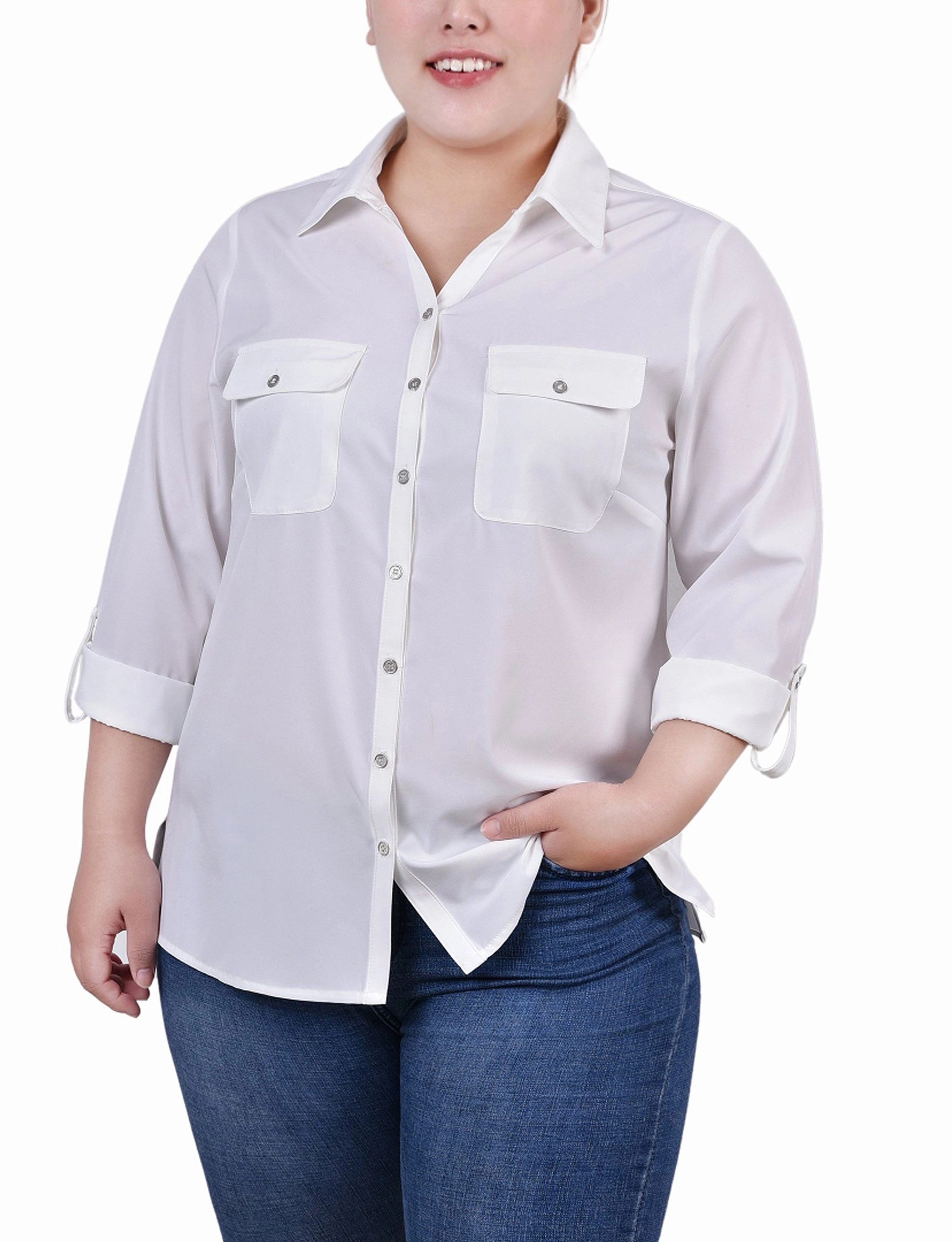 Textured Weave Ergonomic Pattern Design 3/4 Roll Tab Blouse With Pockets