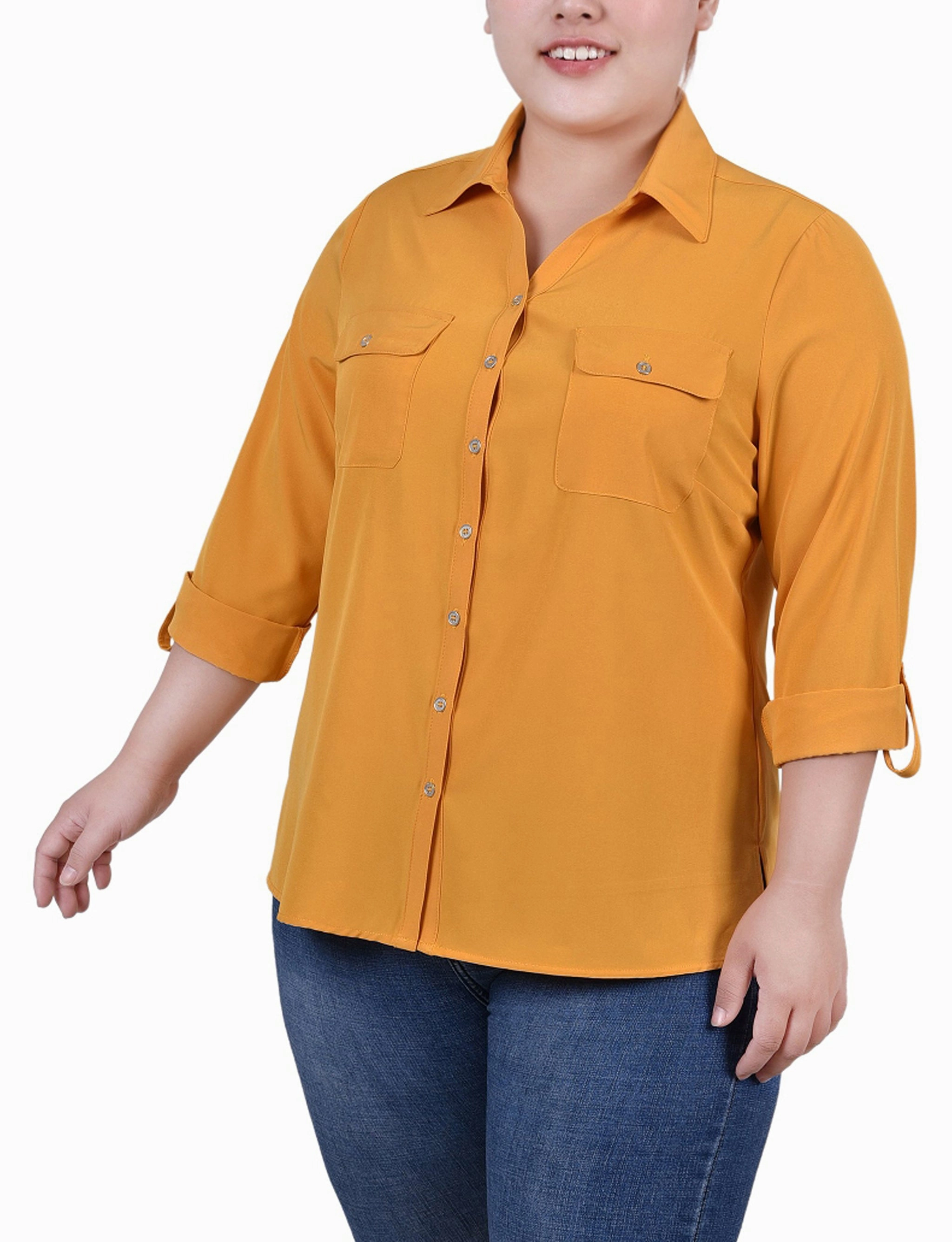 Slim Fit Shirt Comfortable Cut 3/4 Roll Tab Blouse With Pockets