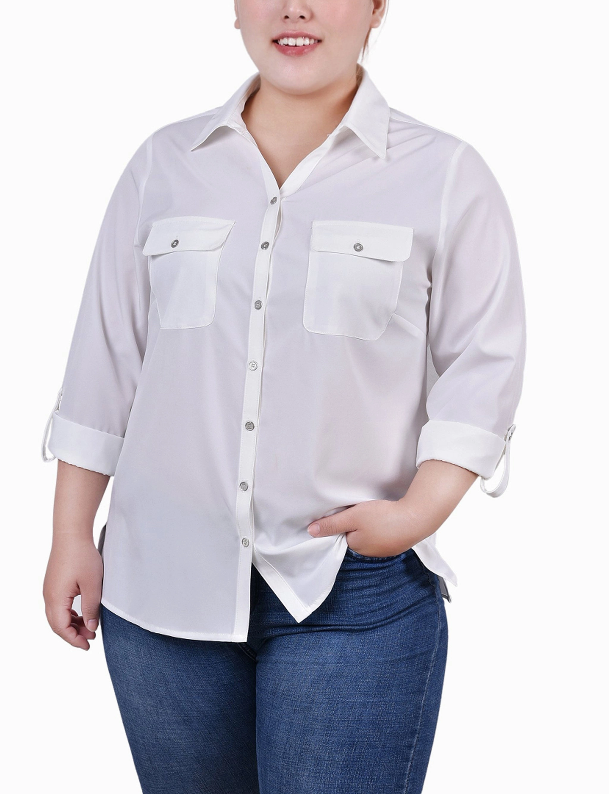AntiPillingTreatment DoubleLayeredShoulders 3/4 Roll Tab Blouse With Pockets