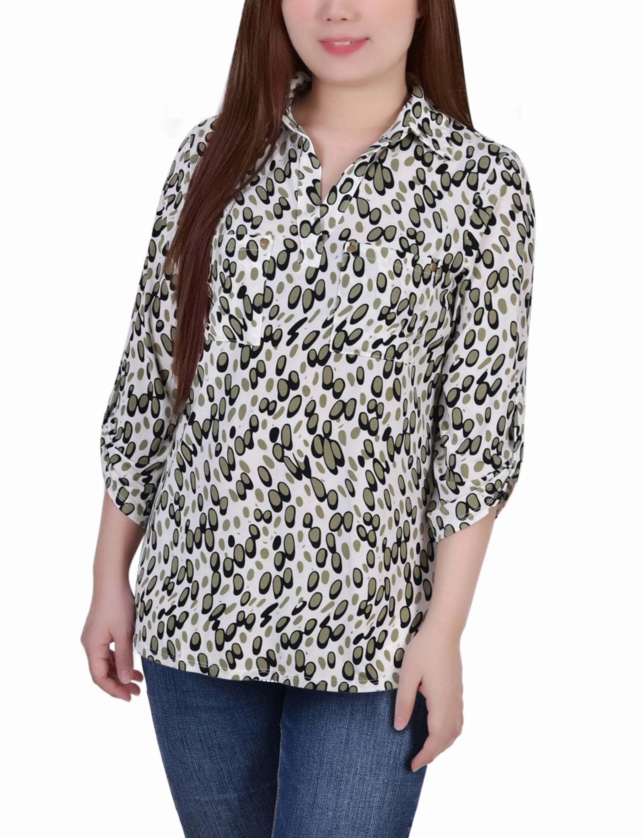 LowMaintenance Fabric 3/4 Roll Tab Sleeve Studded Y Neck Top