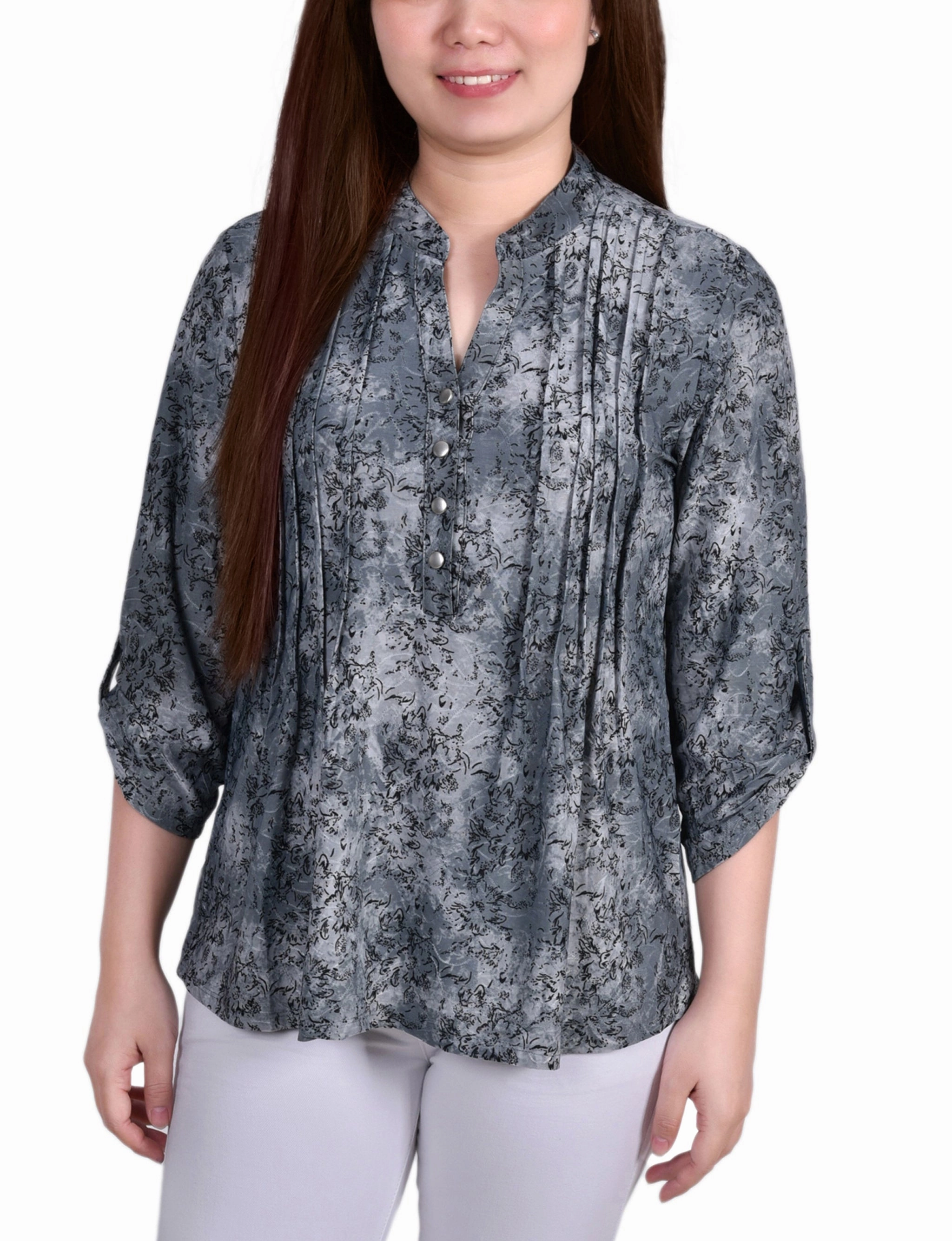 StretchTechnology AllDay Comfort Design 3/4 Roll Tab Sleeve Y Neck Top