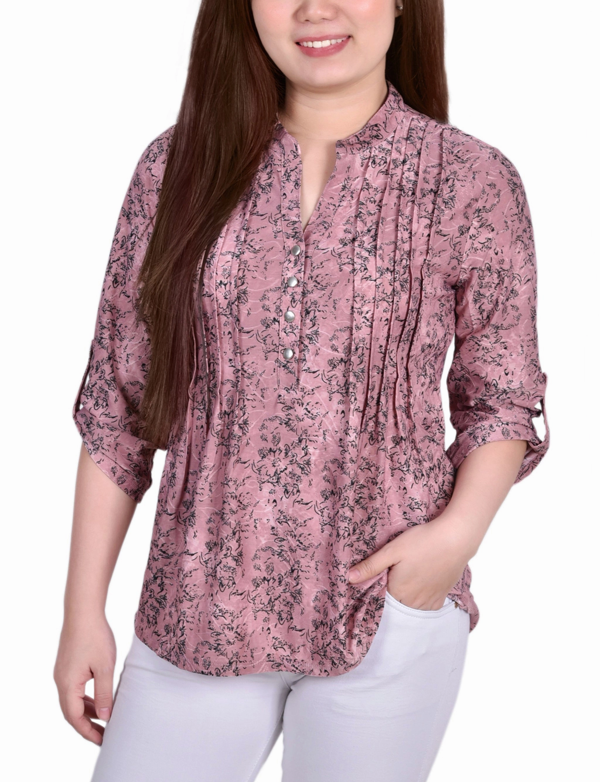 MultiPanelBreathability Odor Neutralizing Technology 3/4 Roll Tab Sleeve Y Neck Top