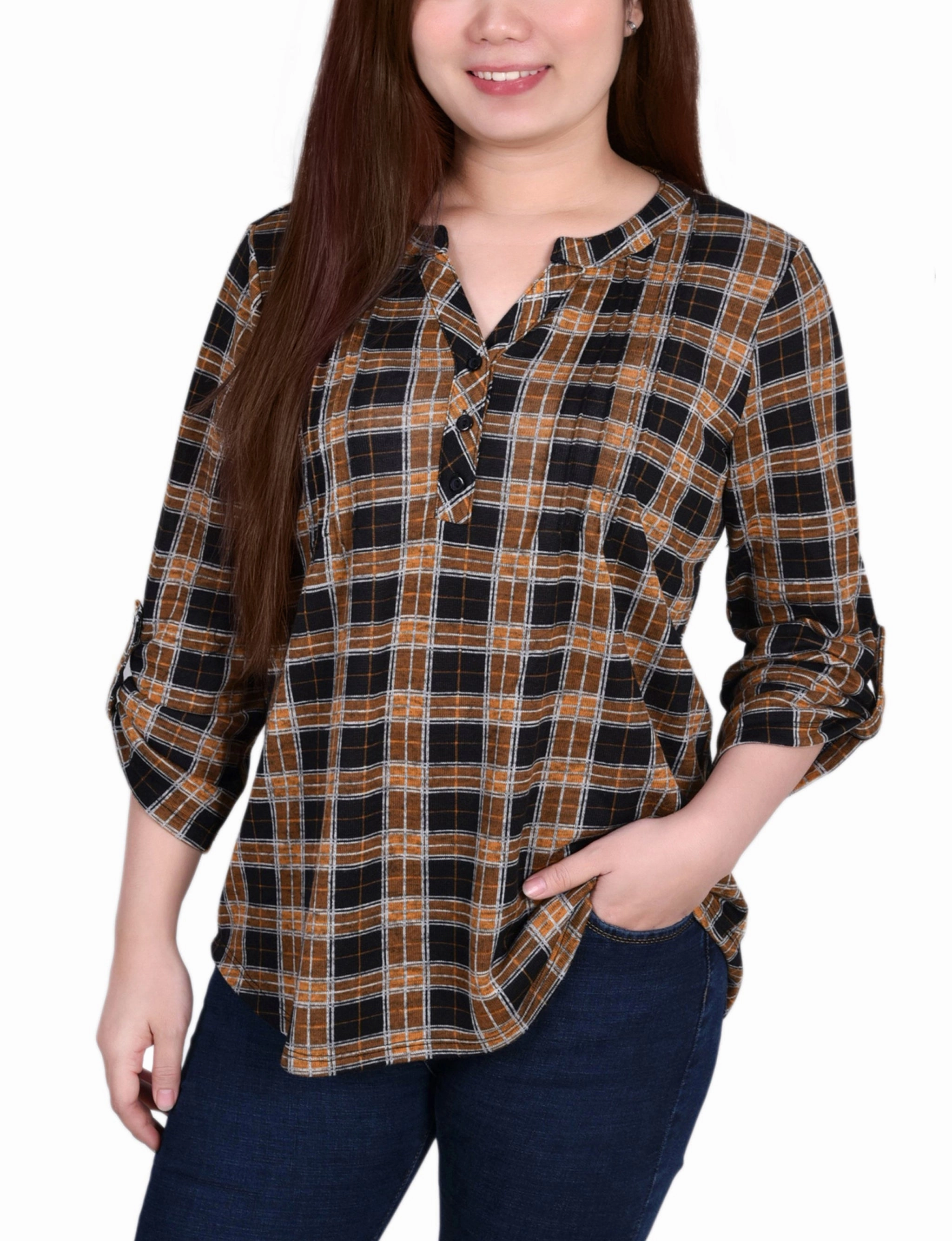 AllClimateAdaptive 3/4 Roll Tab Sleeve Y Neck Top