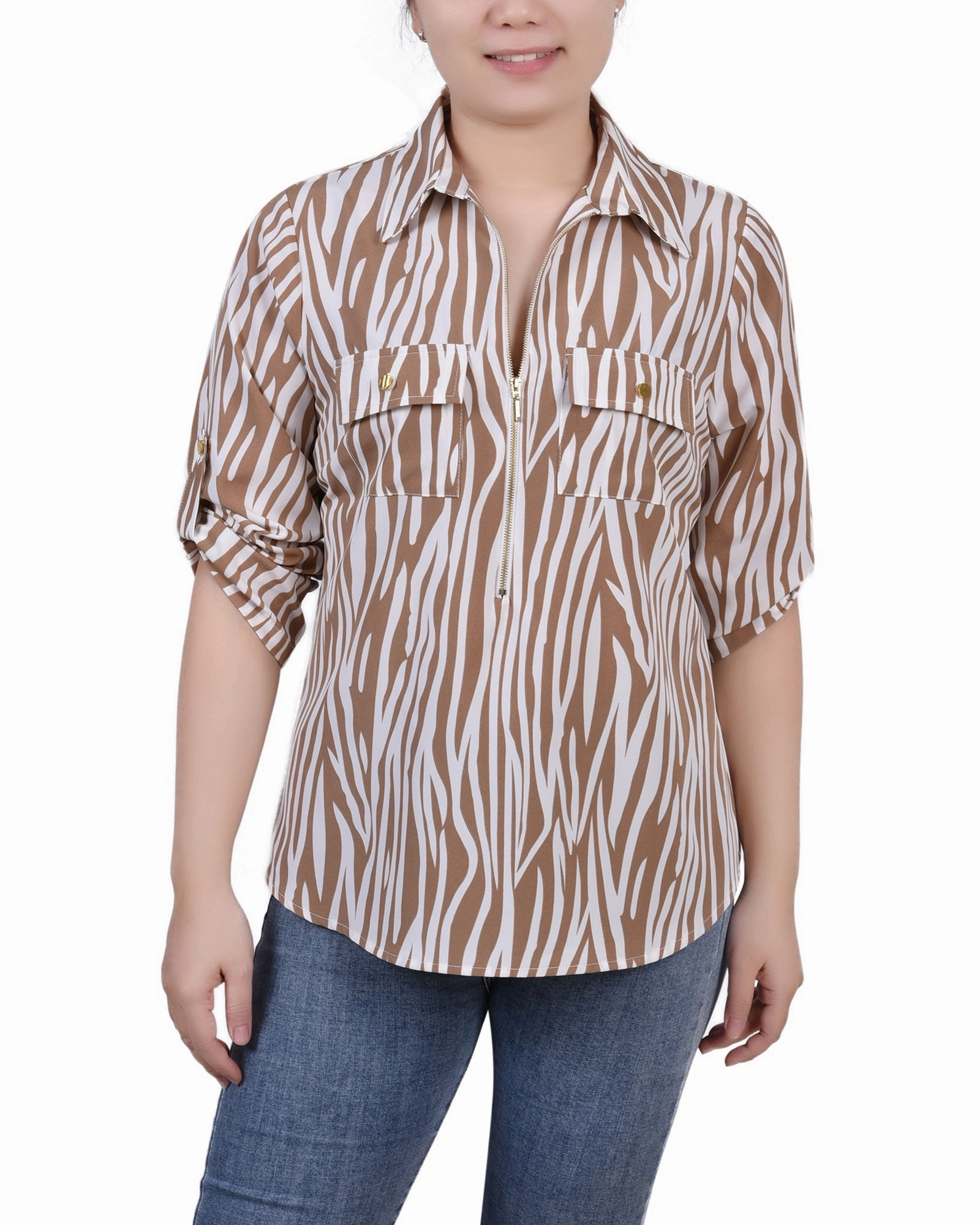 3/4 Roll Tab Sleeve Zip Front Top Non Iron Fabric