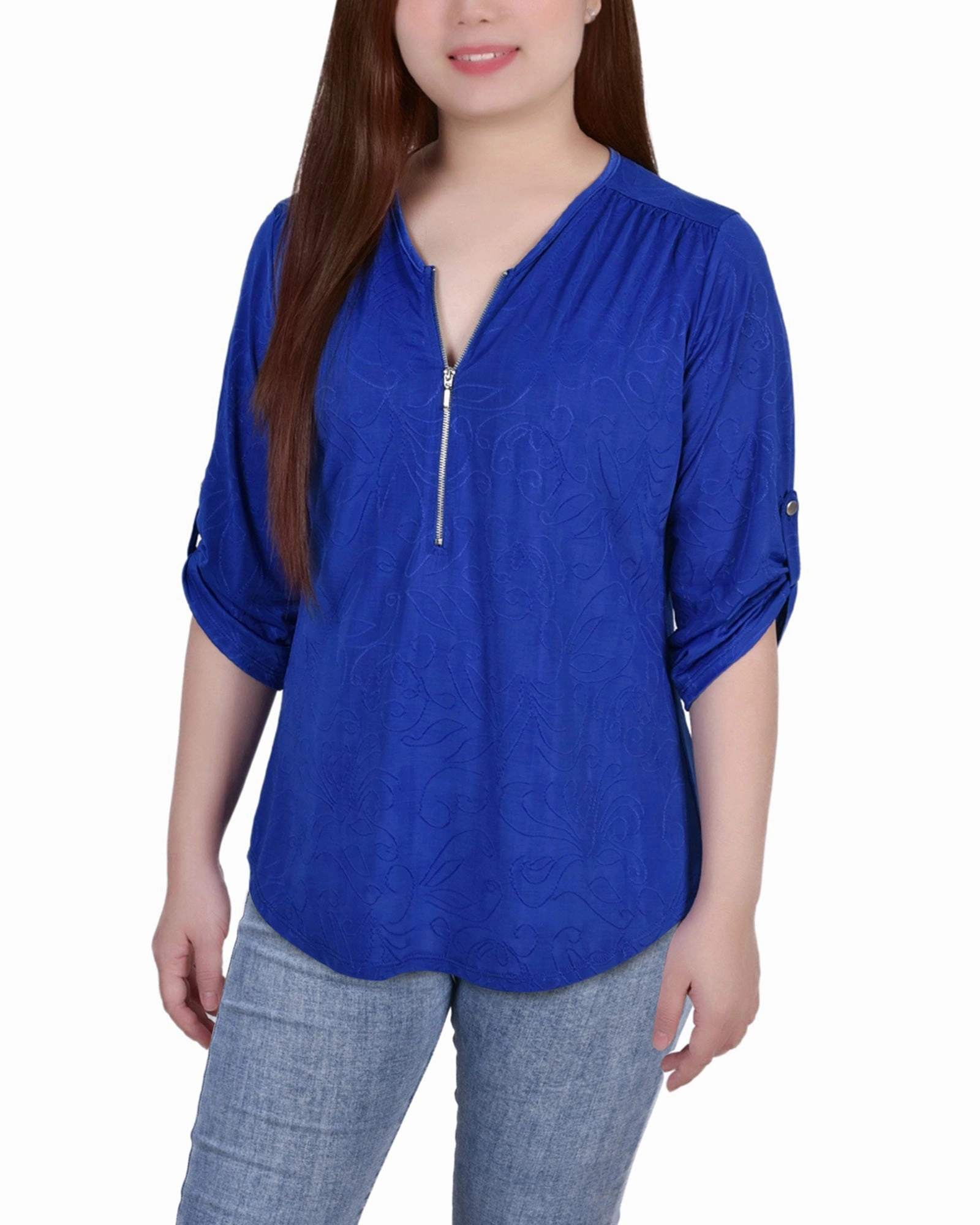 Durable Chainstitch Trendy Look 3/4 Roll Tab Zip Front Jacquard Knit Top