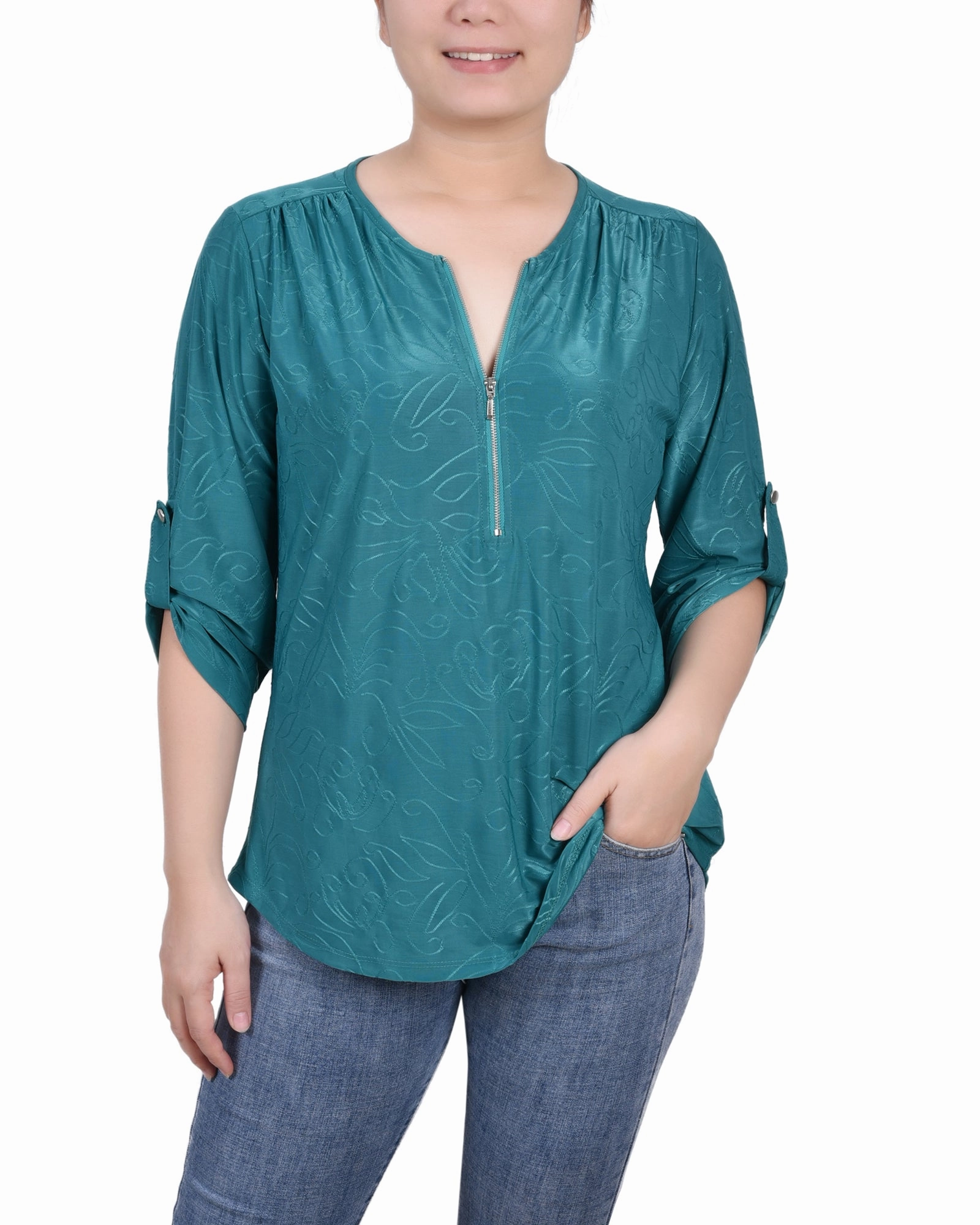 3/4 Roll Tab Zip Front Jacquard Knit Top Stretch waistband