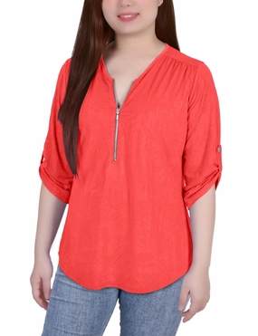 Unstructured Fit 3/4 Roll Tab Zip Front Jacquard Knit Top