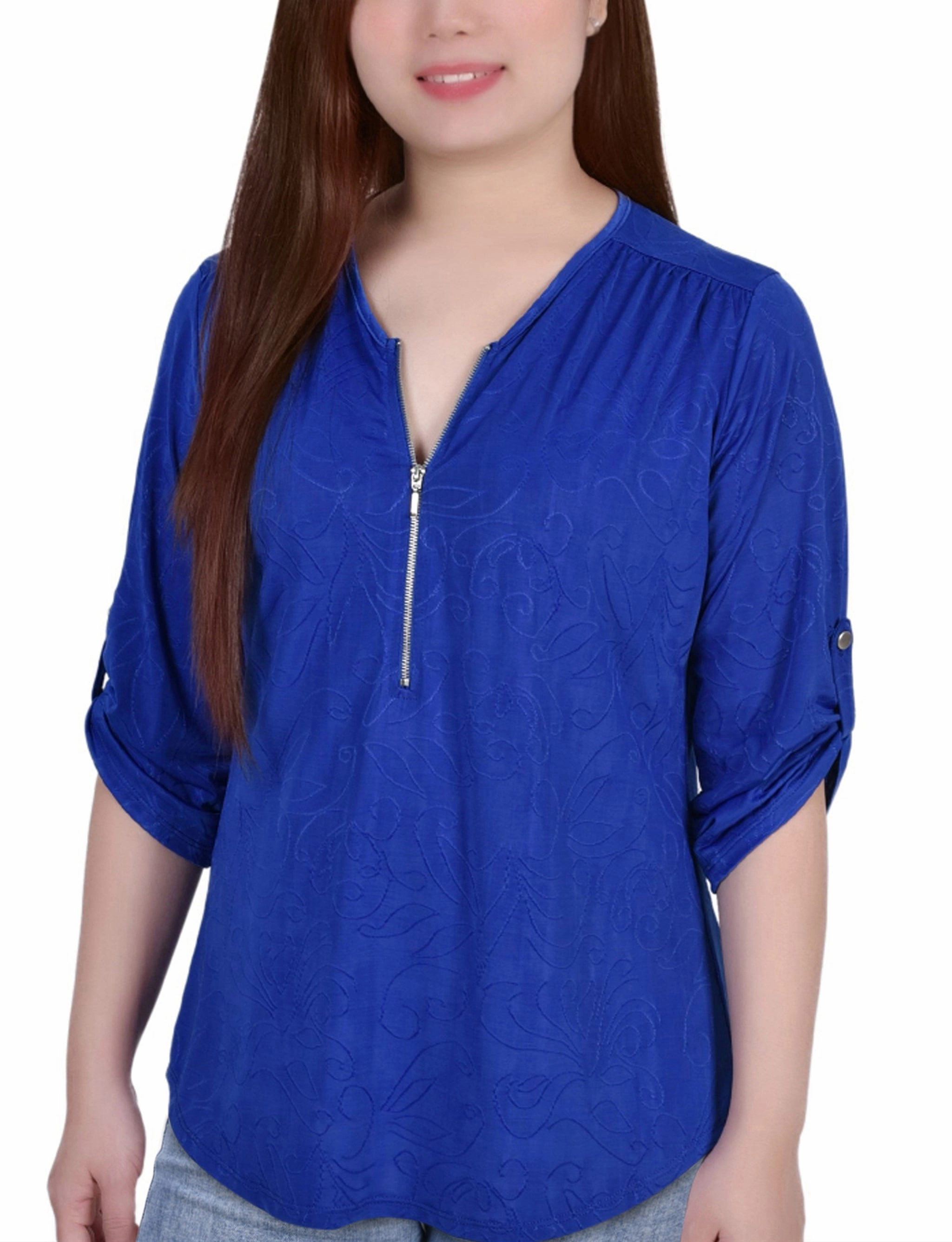 Temperature Regulating Textile 3/4 Roll Tab Zip Front Jacquard Knit Top