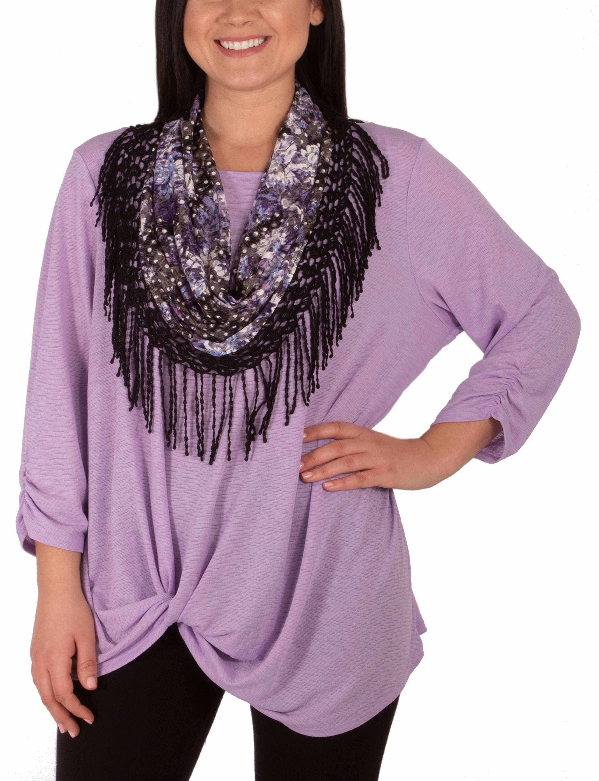 3/4 Ruched Sleeve Knot Top With Fringe Tassel Scarf Hydrophobic Threadwork