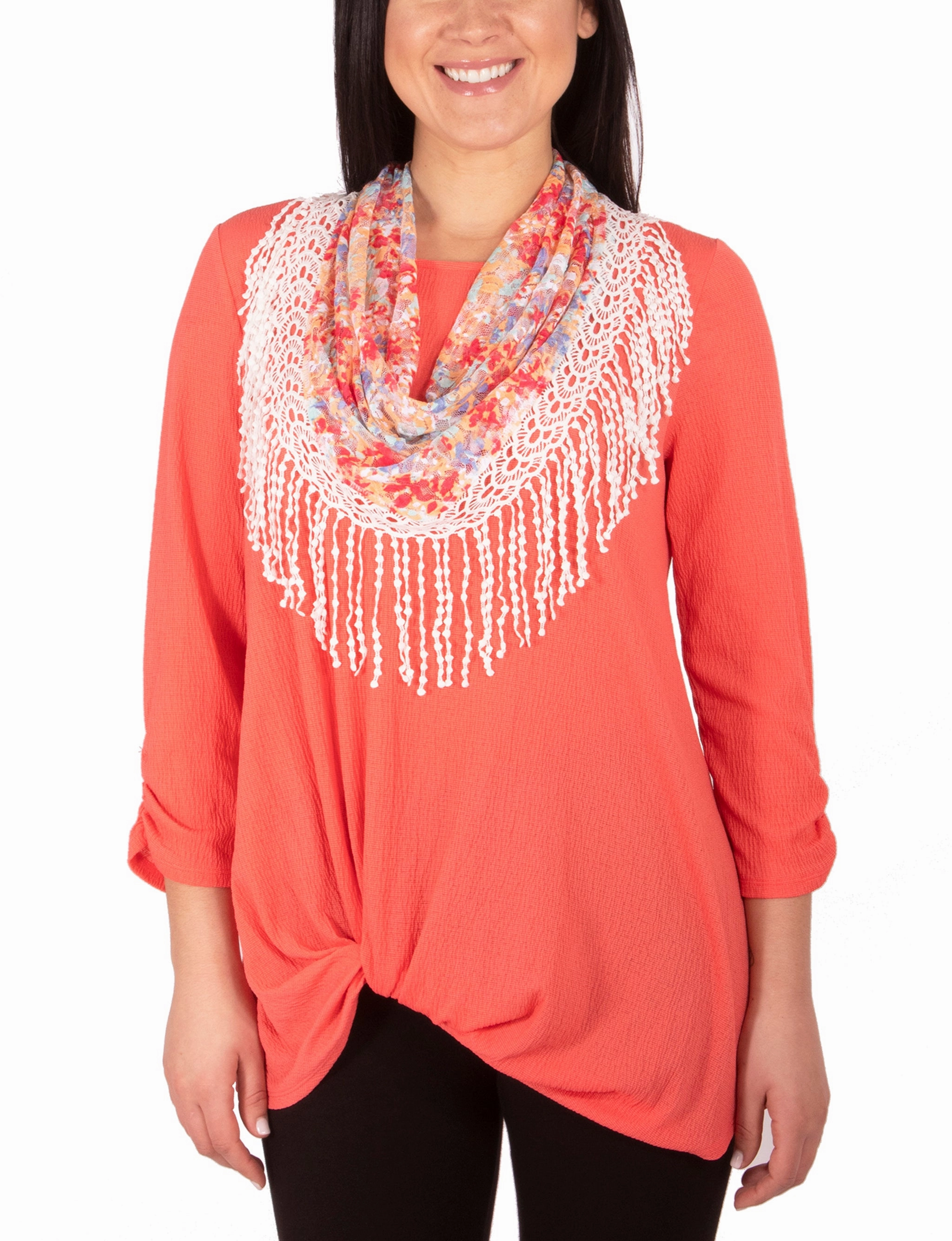 3/4 Ruched Sleeve Knot Top With Fringe Tassel Scarf EasyCareFabric Elegant Cardigan