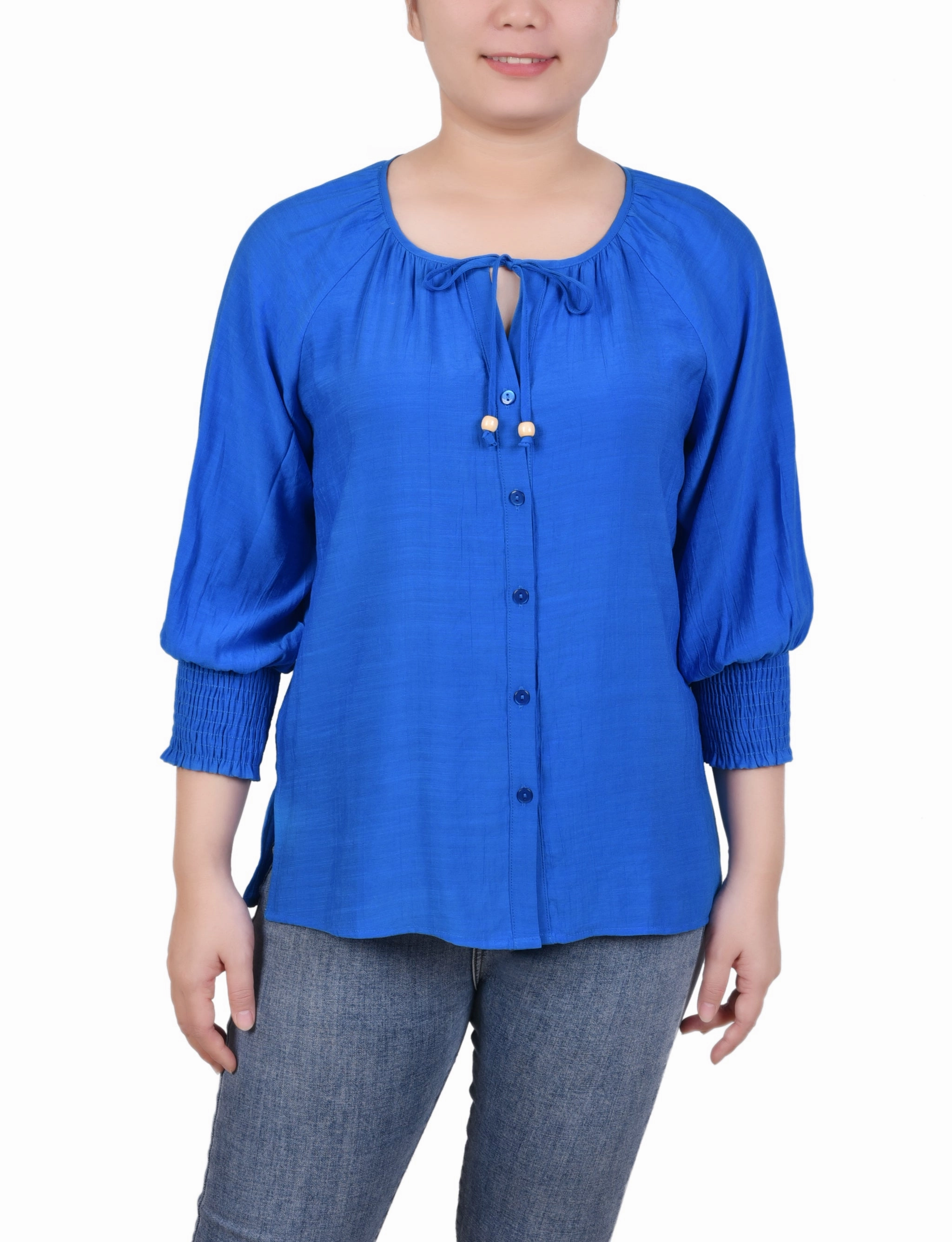 Reinforced Shoulder Seams 3/4 Sleeve Button Front Blouse