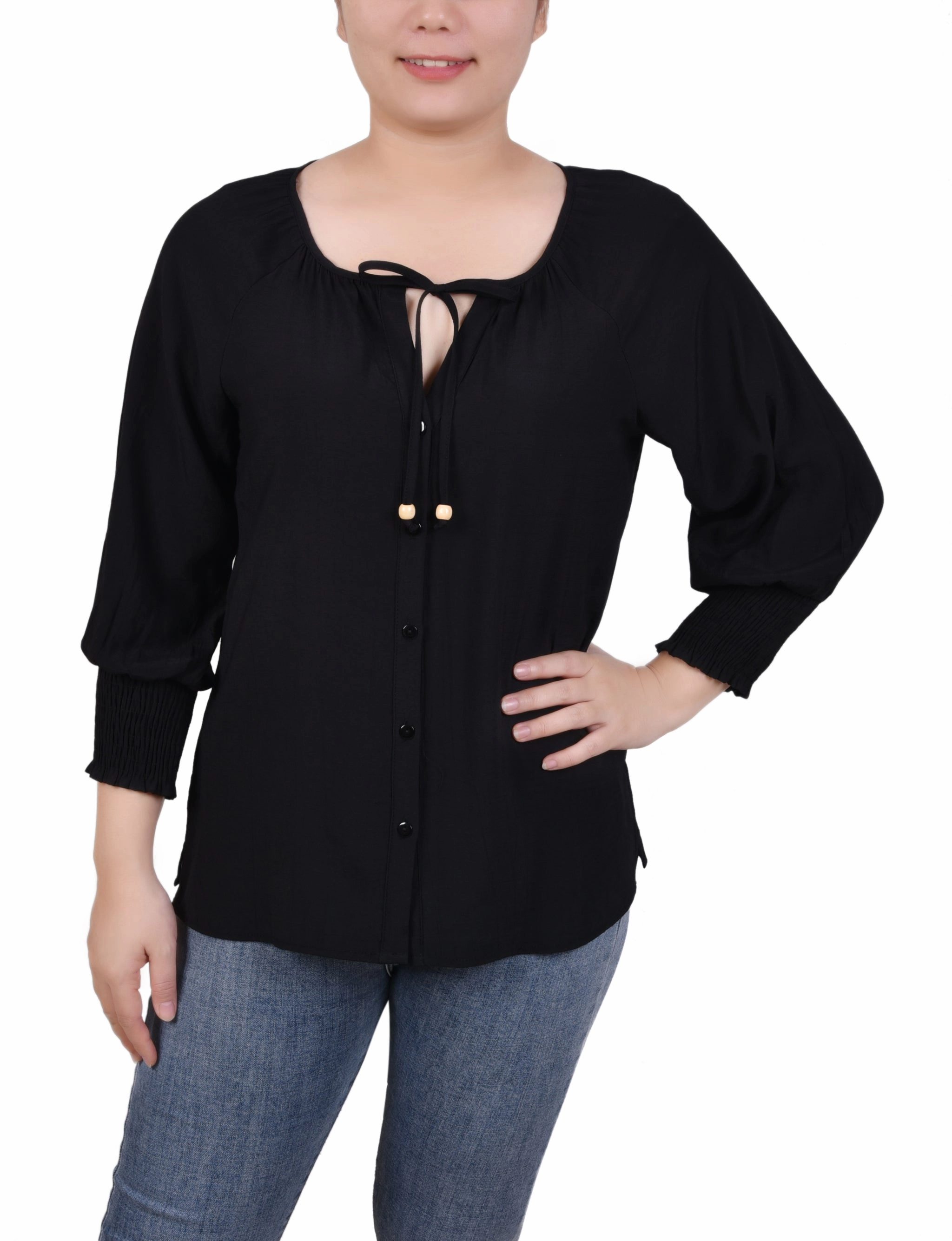 3/4 Sleeve Button Front Blouse Breathable Mesh Insert