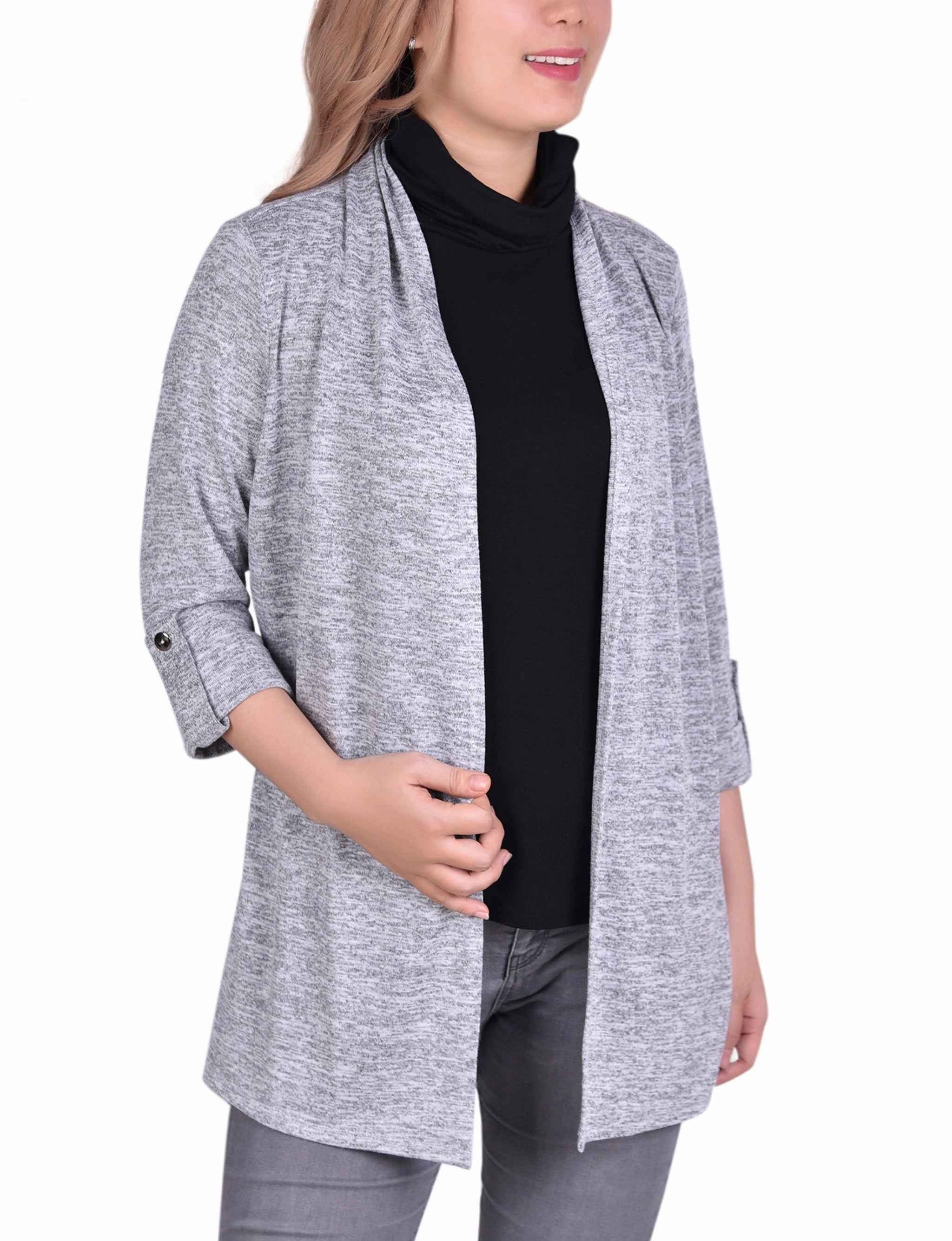 3/4 Sleeve Cardigan With Mask-Cowl Neck Inset Sustainable Textile