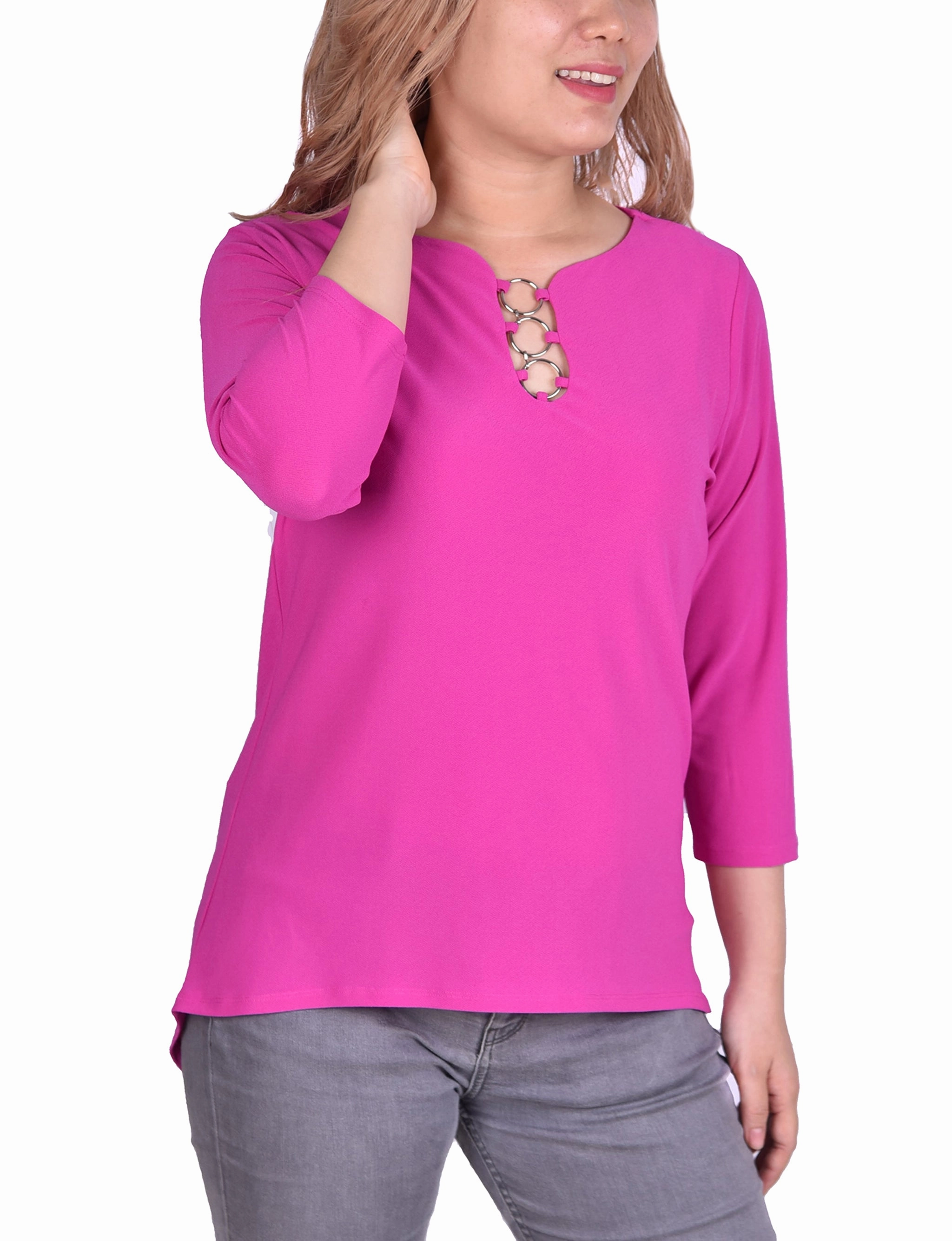 Midweight Four Way Stretch 3/4 Sleeve Crepe Top With 3 Rings