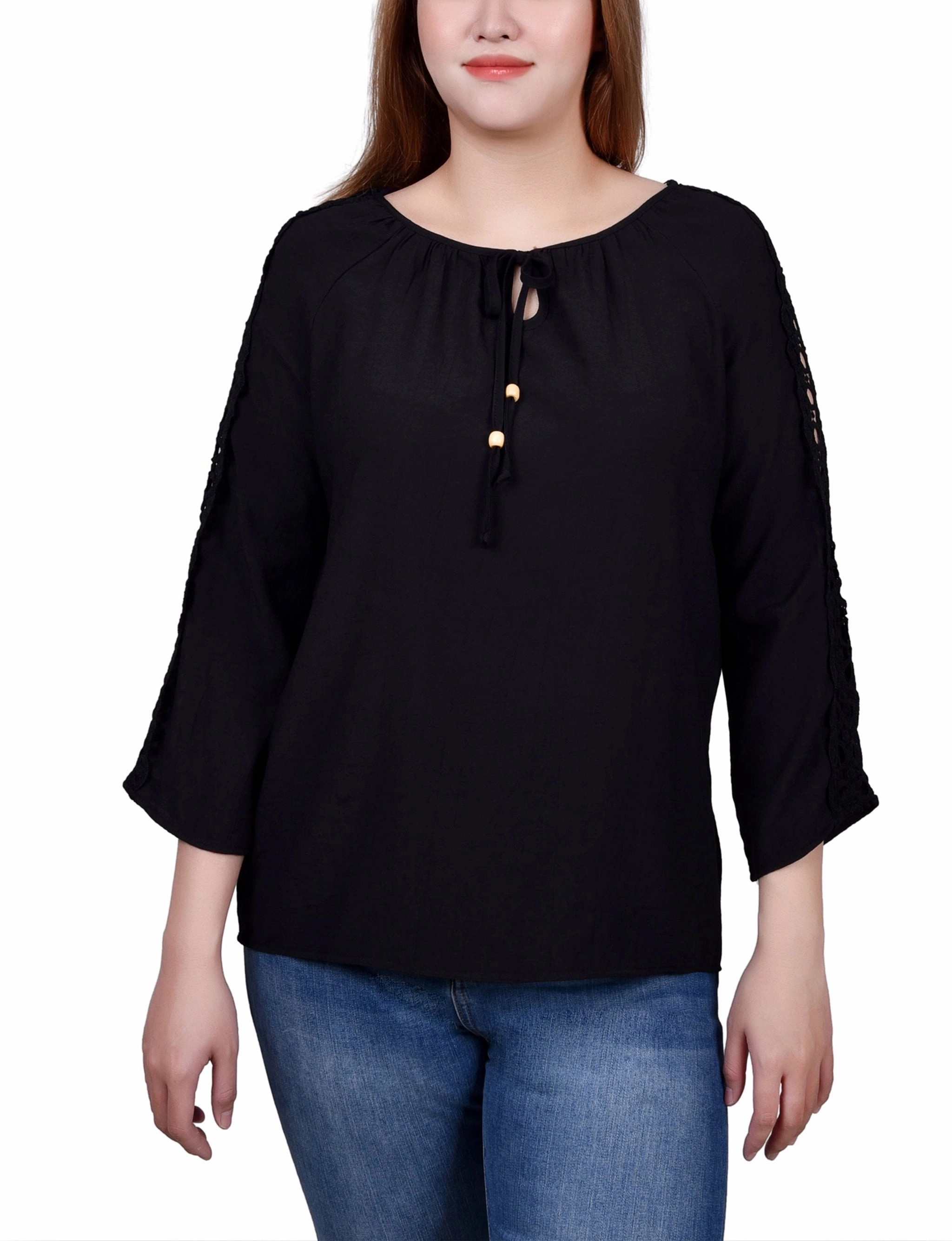 3/4 Sleeve Crochet Detail Blouse Flexible Material Relaxed Look