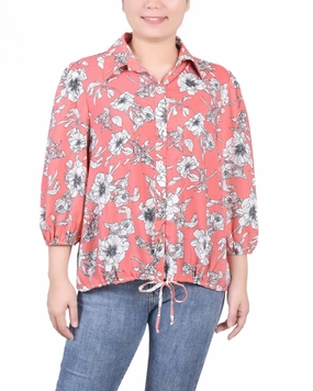 3/4 Sleeve Drawstring Blouse BuiltInLayer