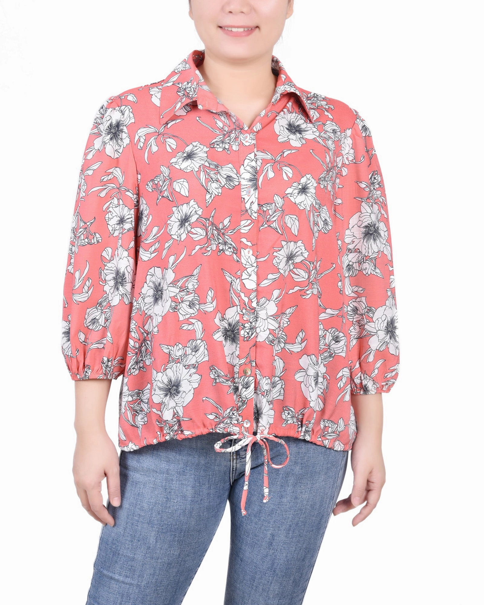 3/4 Sleeve Drawstring Blouse FadeResistant Finish