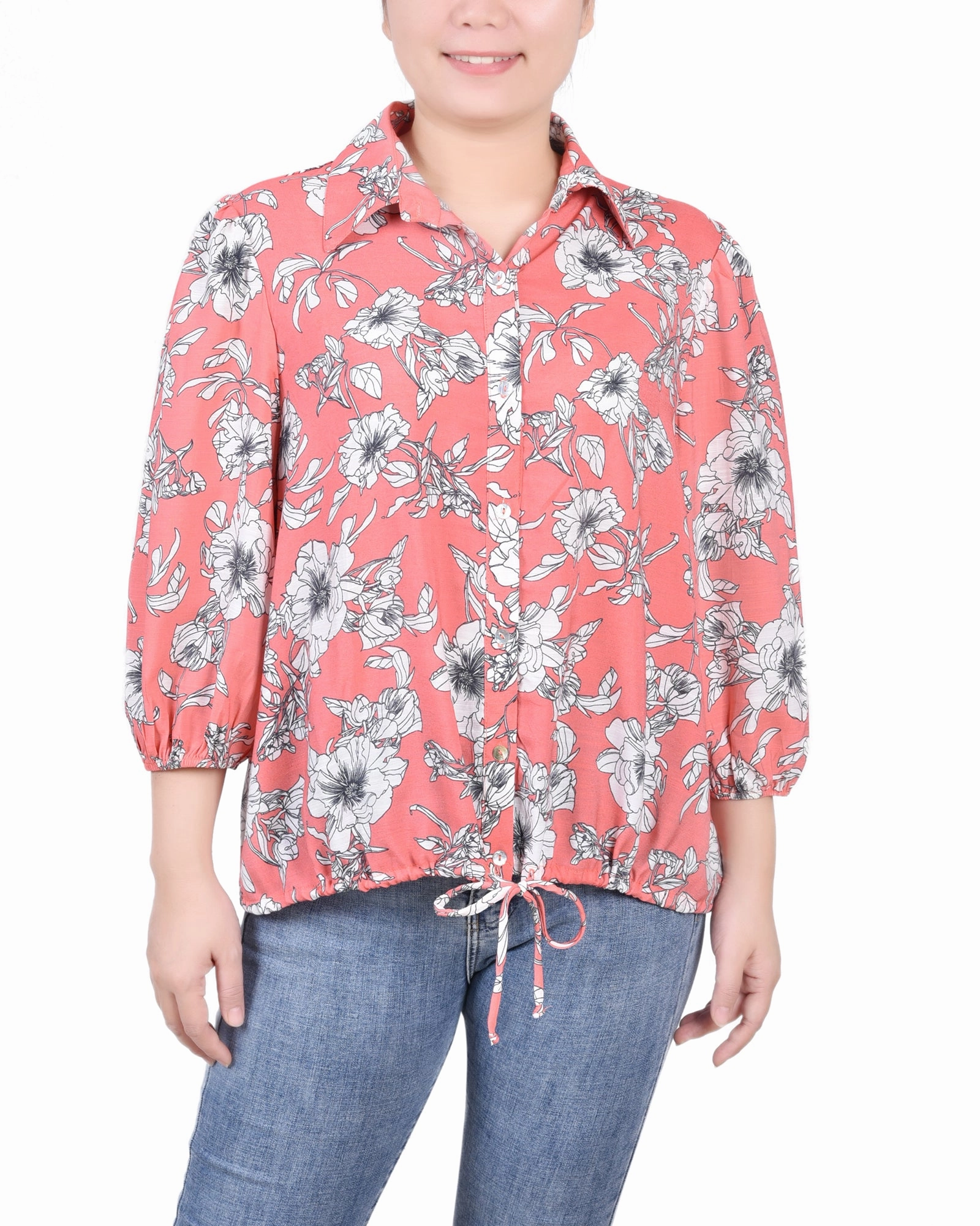 3/4 Sleeve Drawstring Blouse BuiltInLayer