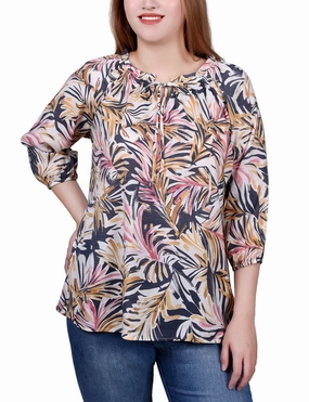 3/4 Sleeve Drawstring Neck Blouse ZipClosure casual top