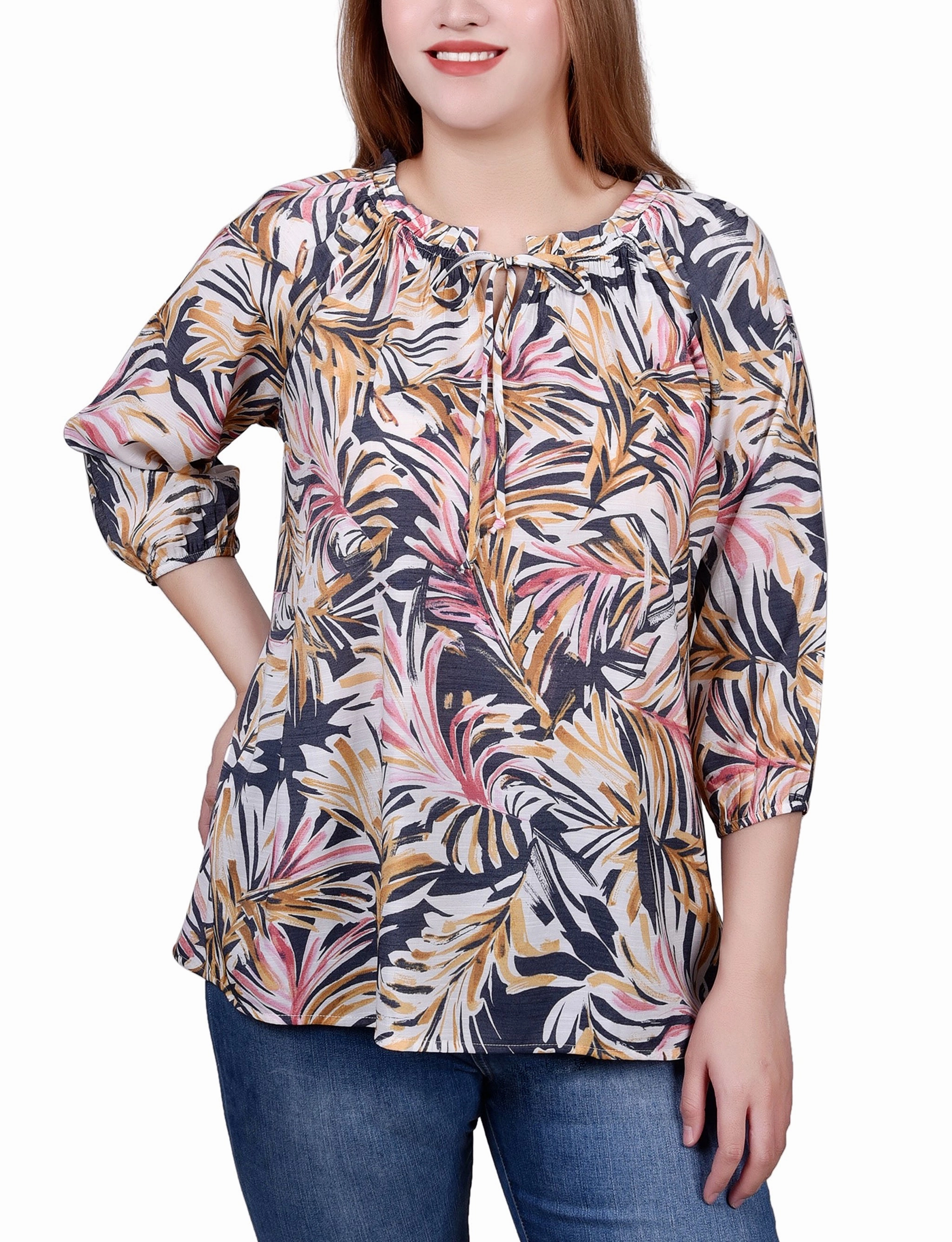 3/4 Sleeve Drawstring Neck Blouse ZipClosure casual top