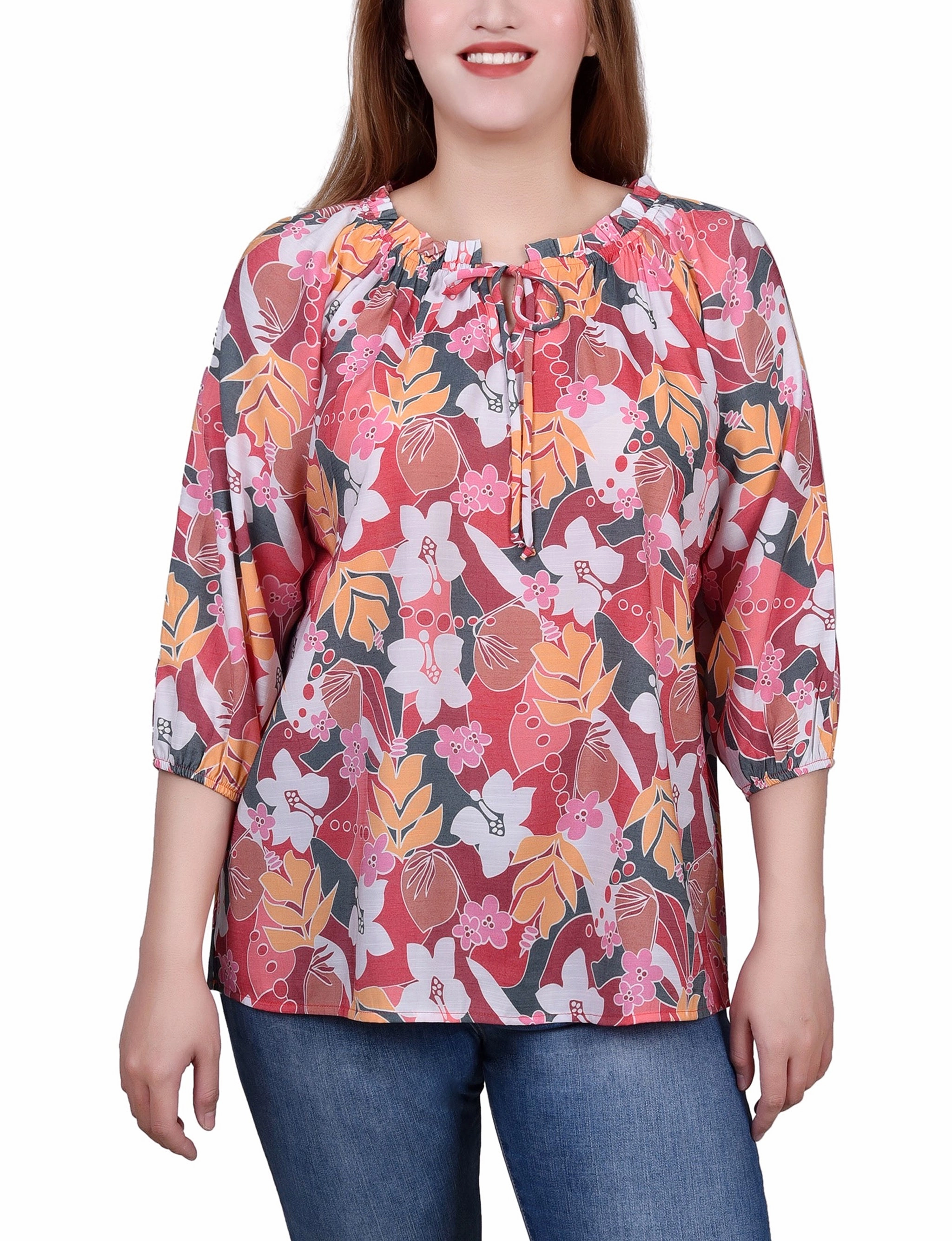 Butter Soft Handfeel Casual Button-Down 3/4 Sleeve Drawstring Neck Blouse