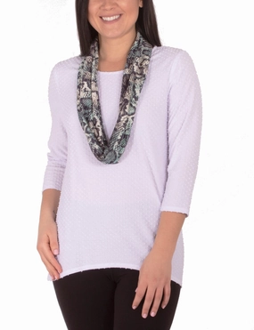 TearResistant Organic Cotton Blend 3/4 Sleeve Jewel Neck Top With Scarf