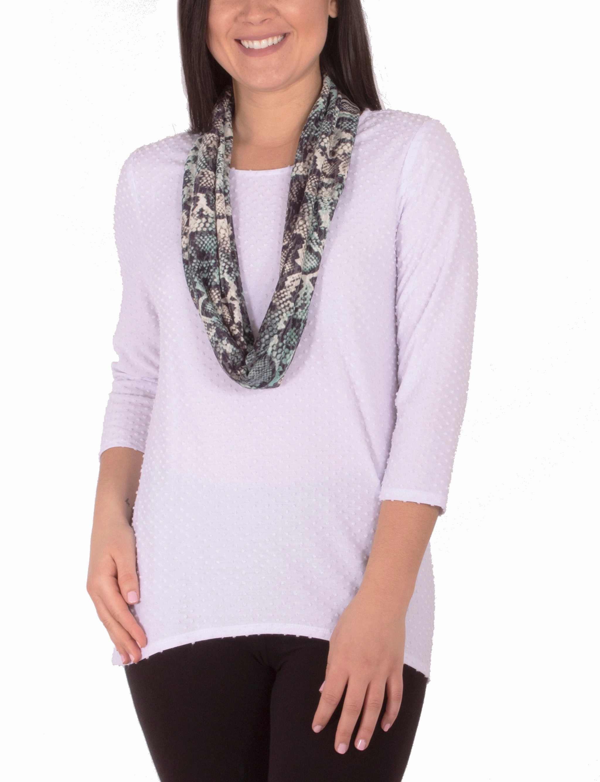 NonIrritatingEdges BreathableMeshPanels 3/4 Sleeve Jewel Neck Top With Scarf