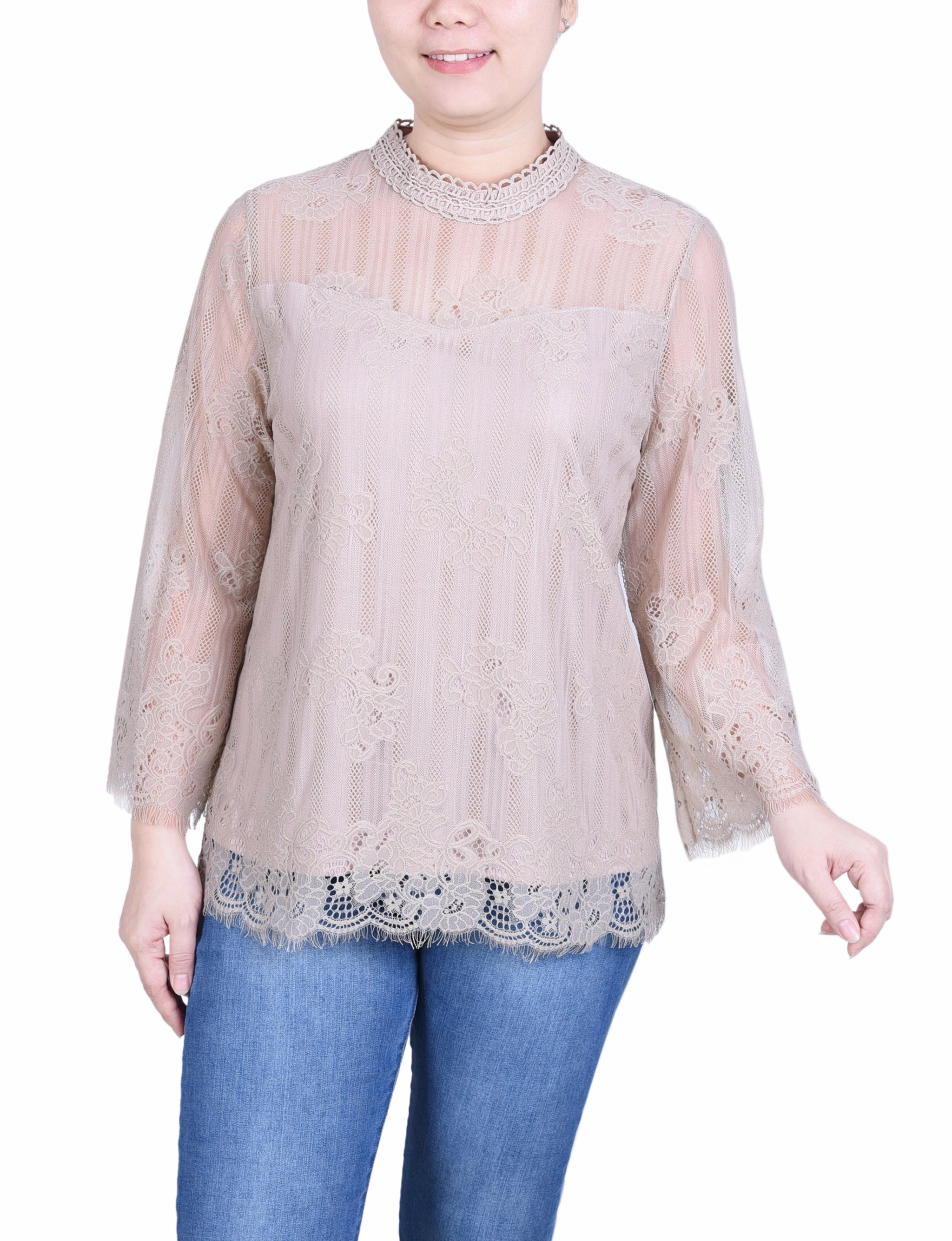Quick Dry Feature Anti Odor Finish 3/4 Sleeve Lace Blouse