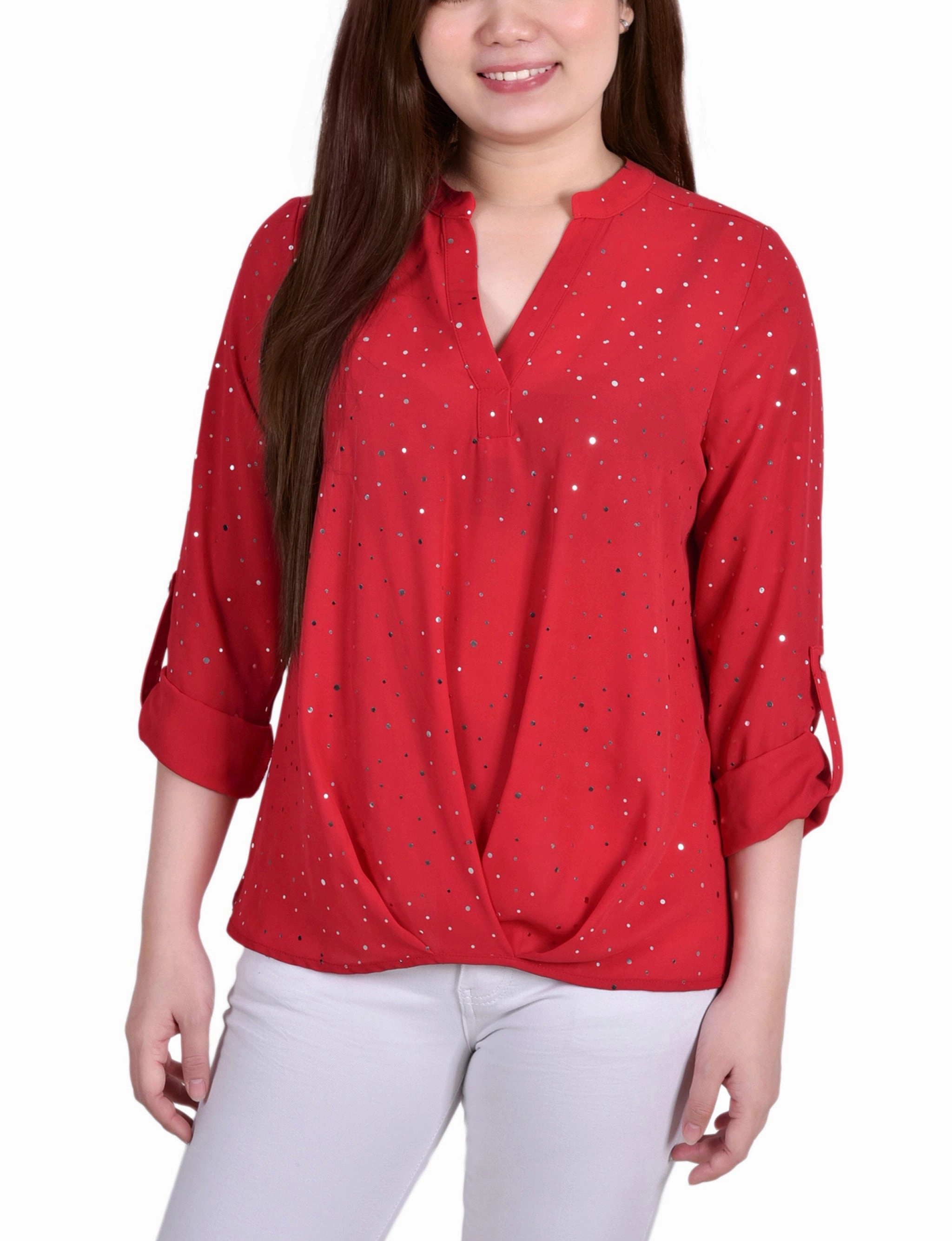 Comfy Layer Durable Overlock Stitch 3/4 Sleeve Metallic Dot Blouse