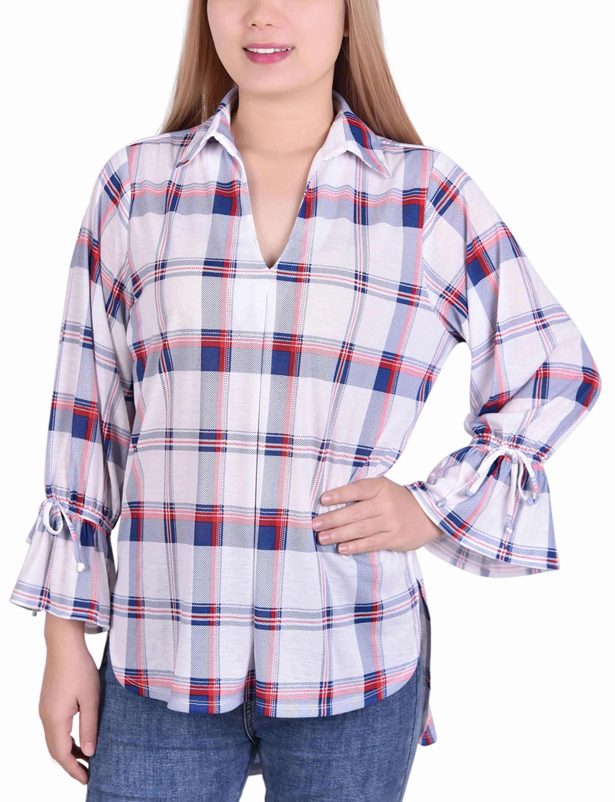 3/4 Sleeve Plaid Jersey Hi Low Hem Blouse Casual Tee