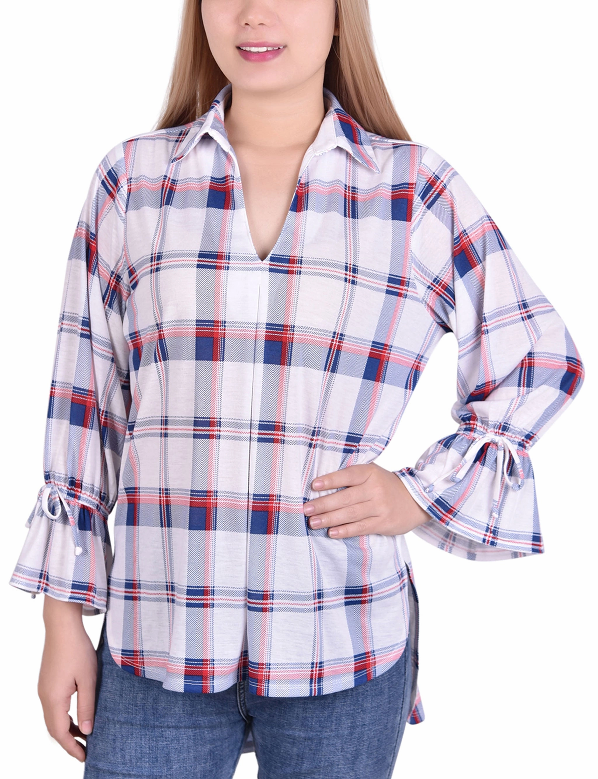 Ventilated Back Panels 3/4 Sleeve Plaid Jersey Hi Low Hem Blouse