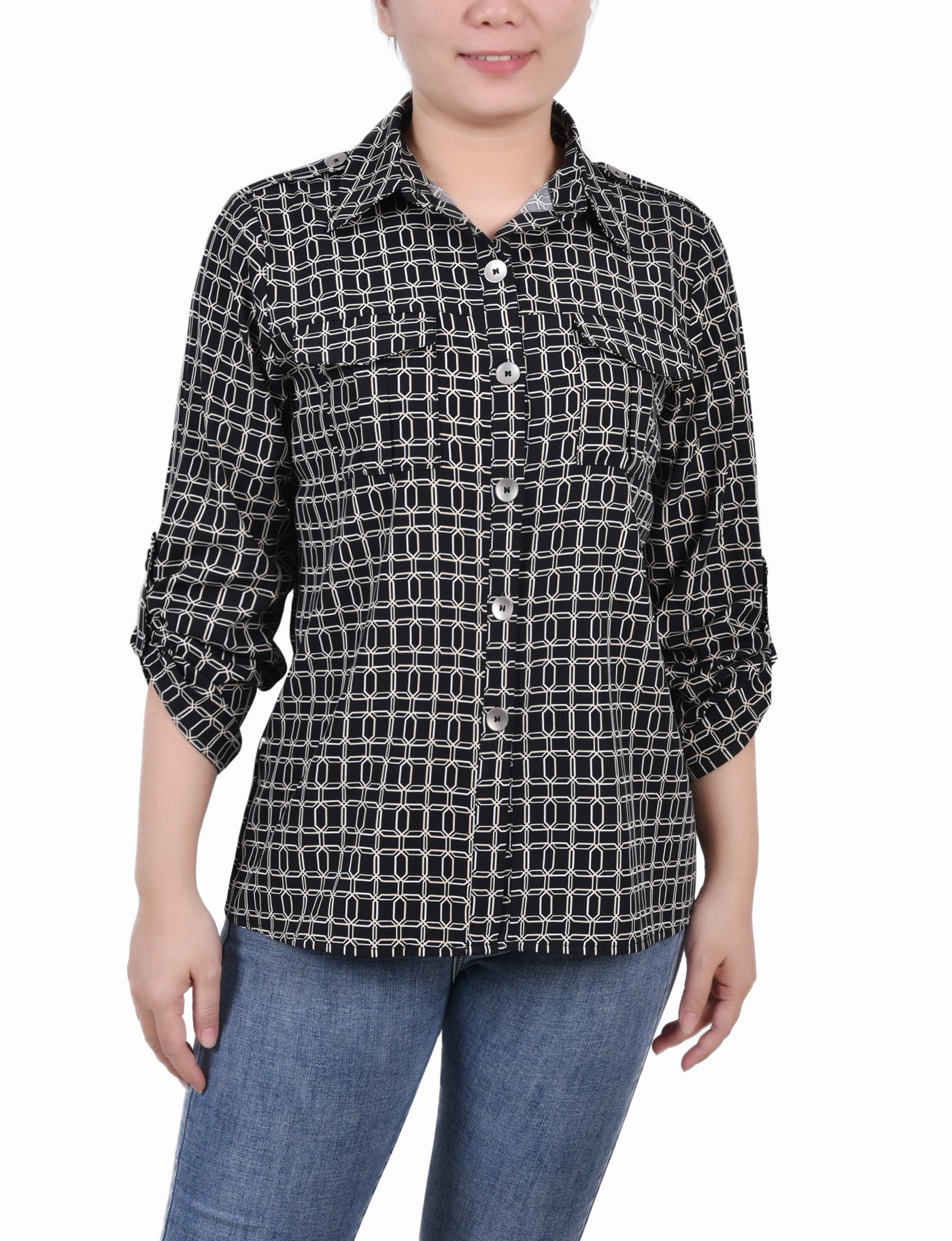 3/4 Sleeve Roll Tab Blouse Comfy Cardigan