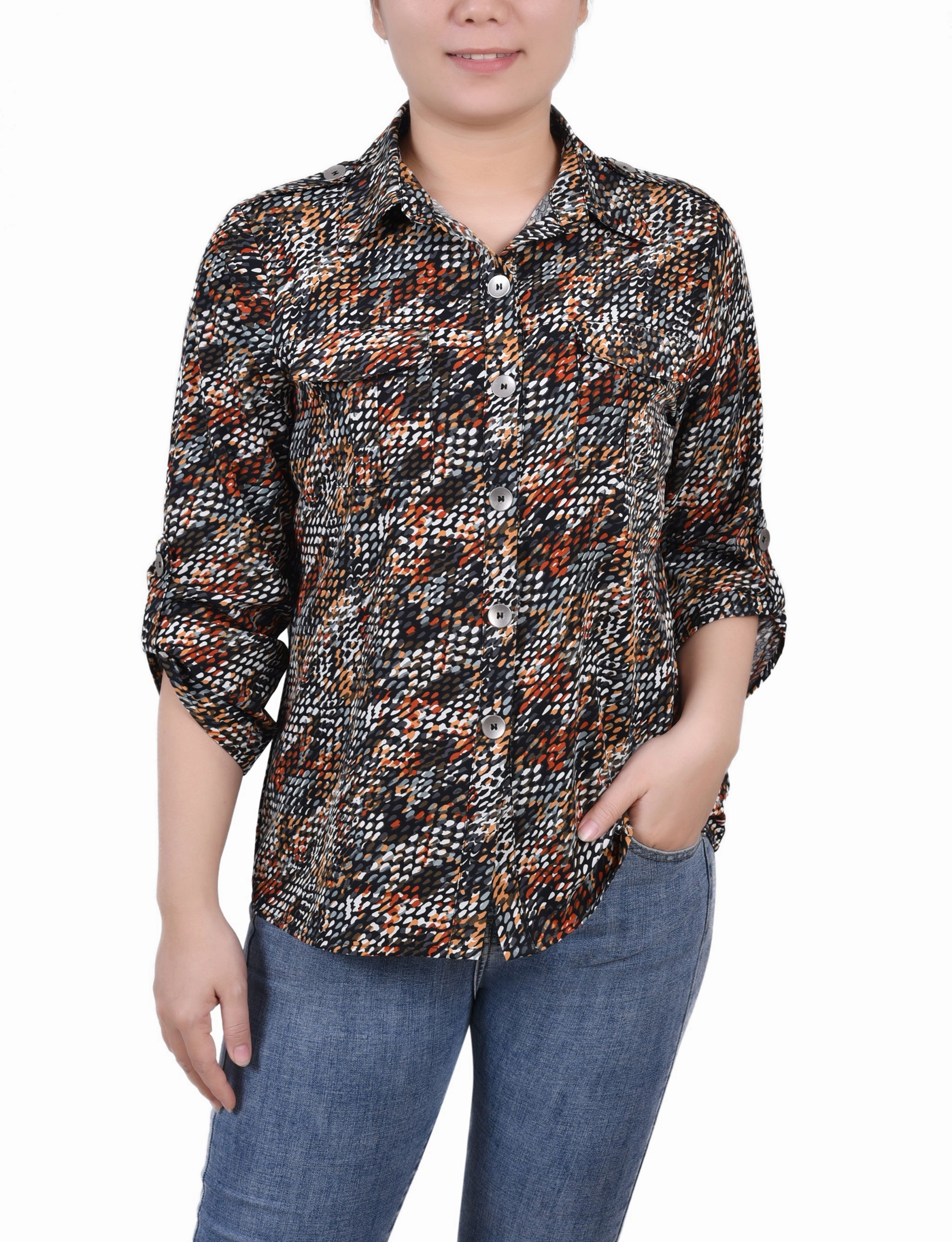 3/4 Sleeve Roll Tab Blouse Non Restrictive Armhole Cut Organic Cotton Blend