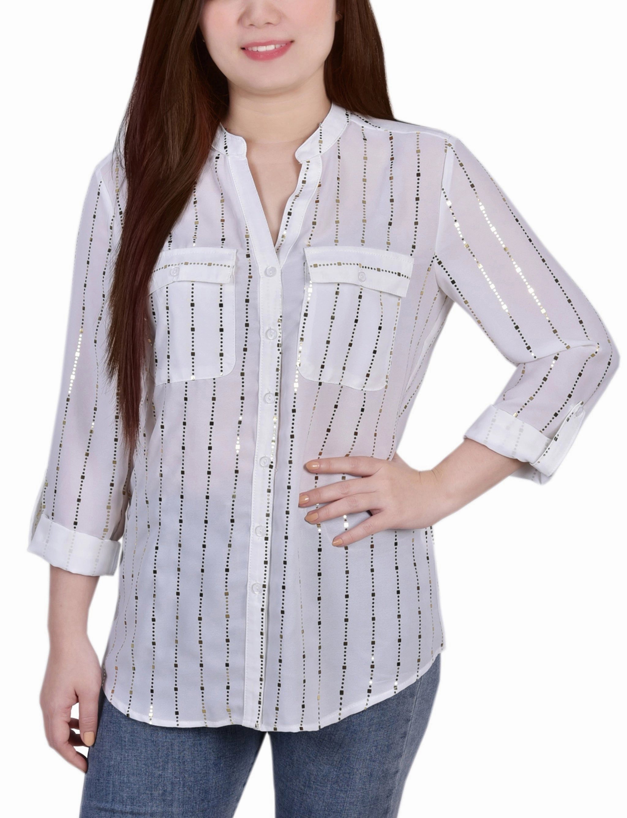 High Density Knit AllClimateAdaptive 3/4 Sleeve Roll Tab Blouse With Metallic Details