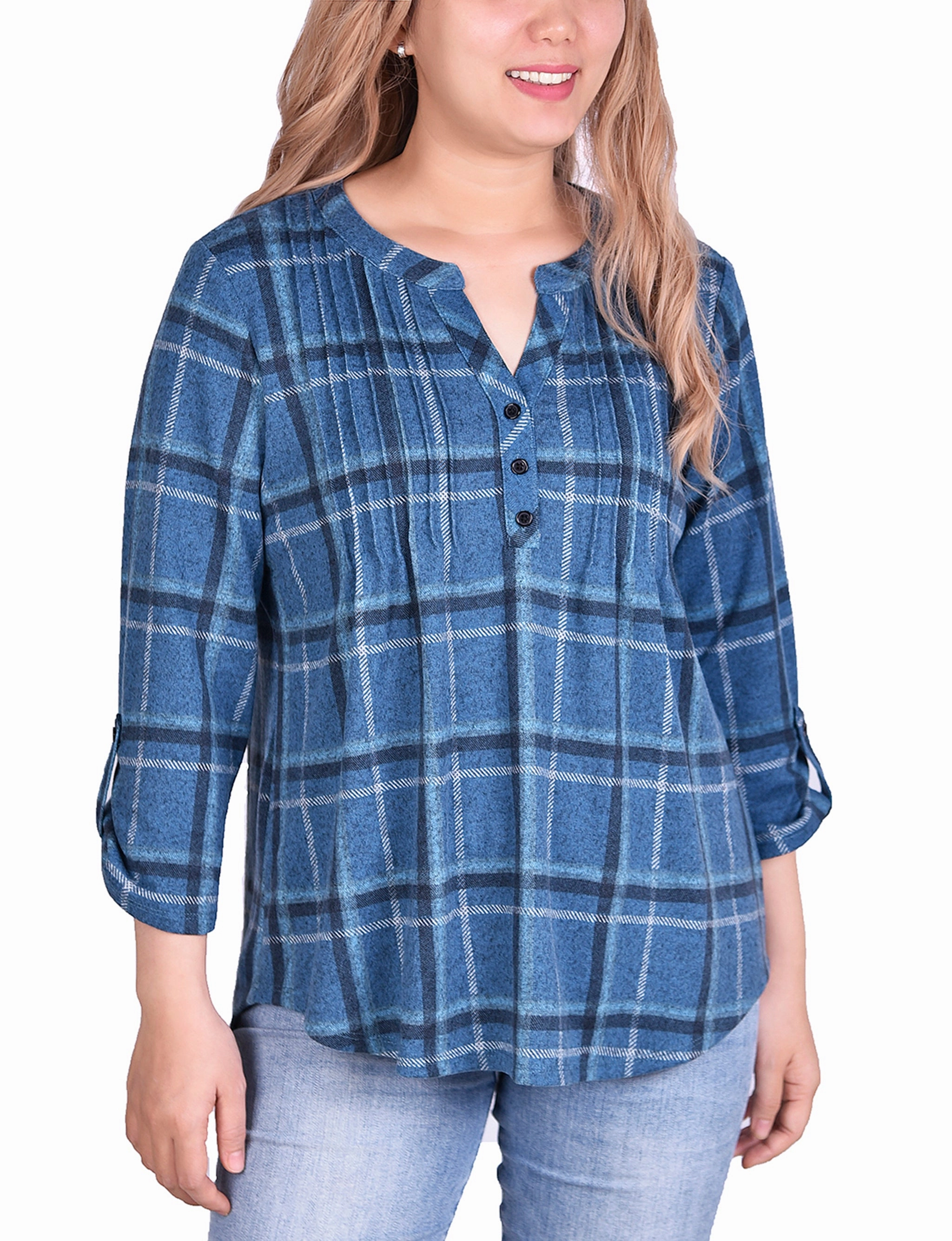 Long Sleeve Polo WrinkleFree Weave 3/4 Sleeve Roll Tab Pintucked Front Pullover Top