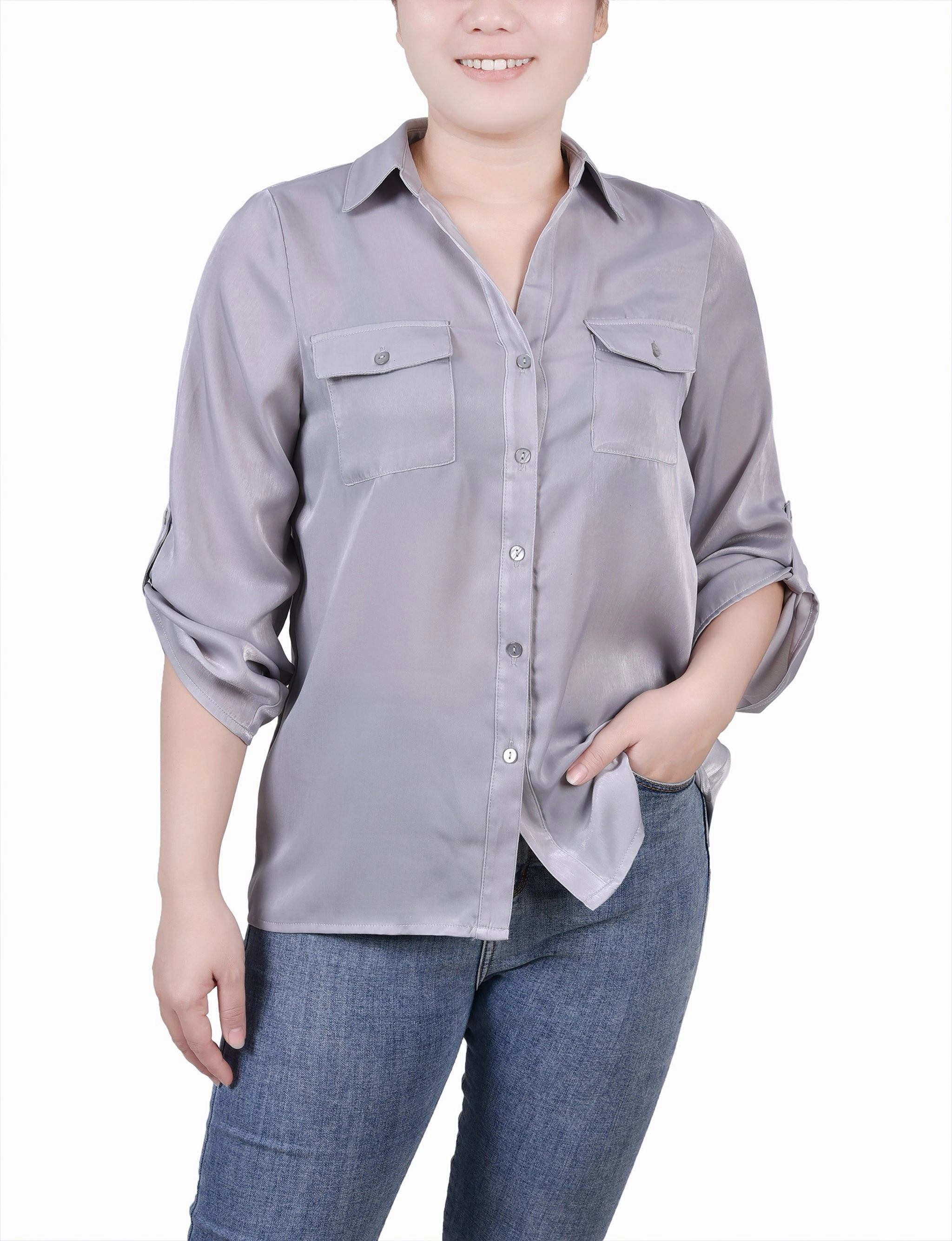 3/4 Sleeve Satin Blouse Contoured Side Panels FadeResistantTechnology
