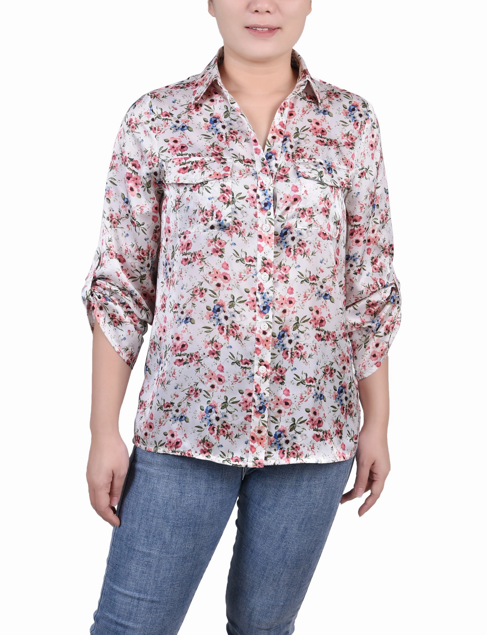 FoamReinforcedCollar 3/4 Sleeve Satin Blouse