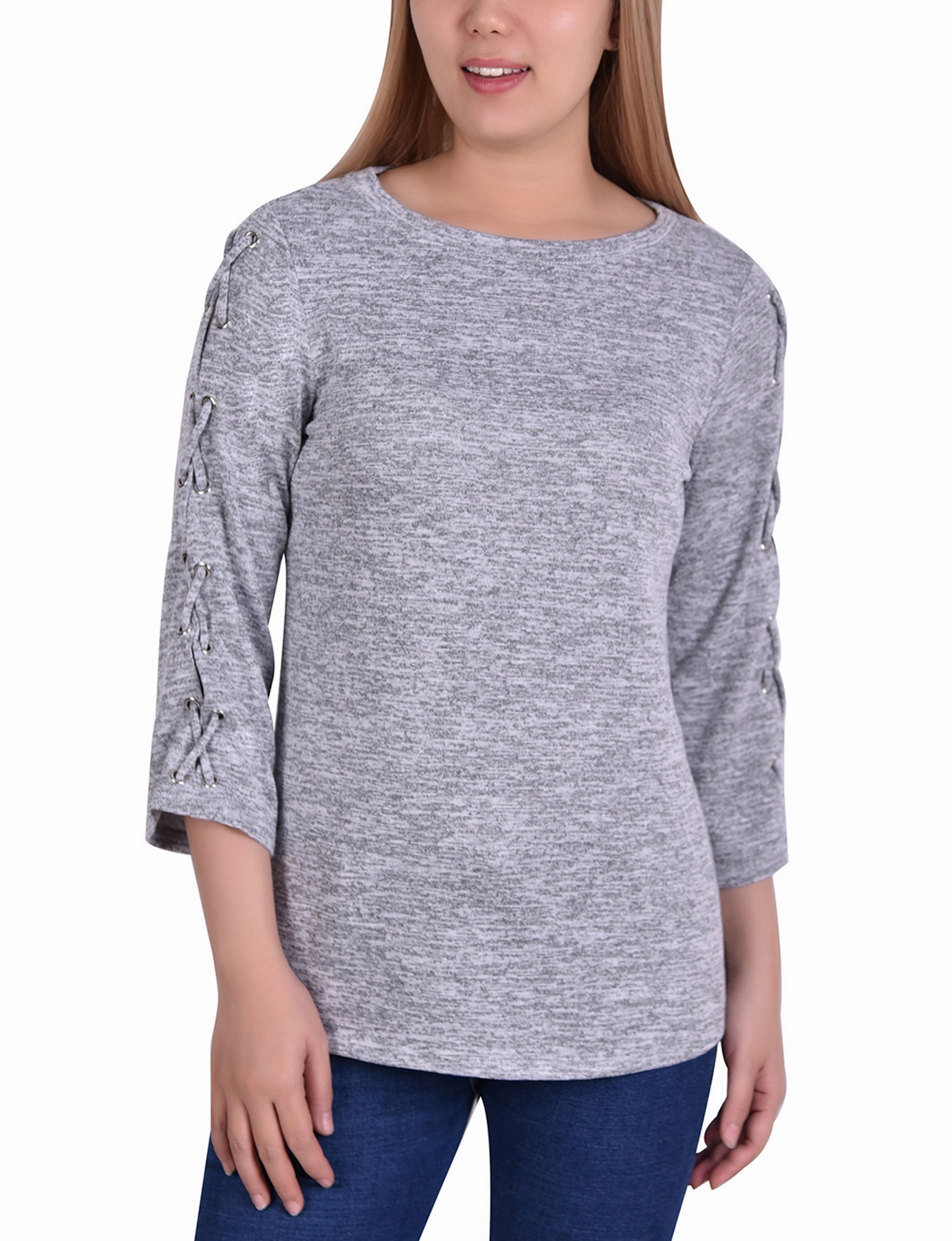 Quick Dry Fabric Organic Cotton Blend 3/4 Sleeve Top With Criss Cross And Grommets On Sleeve