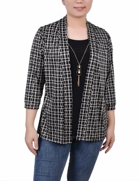 3/4 Sleeve Two-Fer Top VNeckline Multi Panel Design