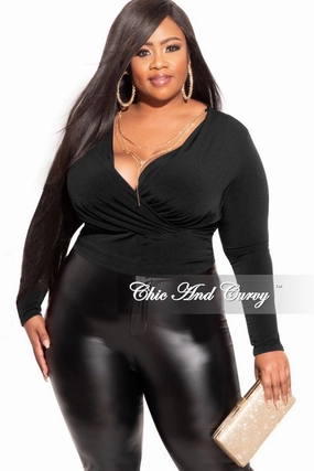 *Final Sale Plus Size Faux Wrap Top in Black Compression Support Lining