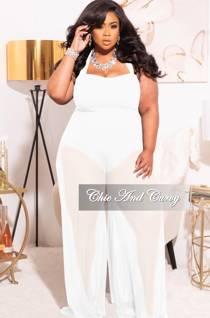 Flattering Cut High Quality Material *Final Sale Plus Size Mesh Jumpsuit in White
