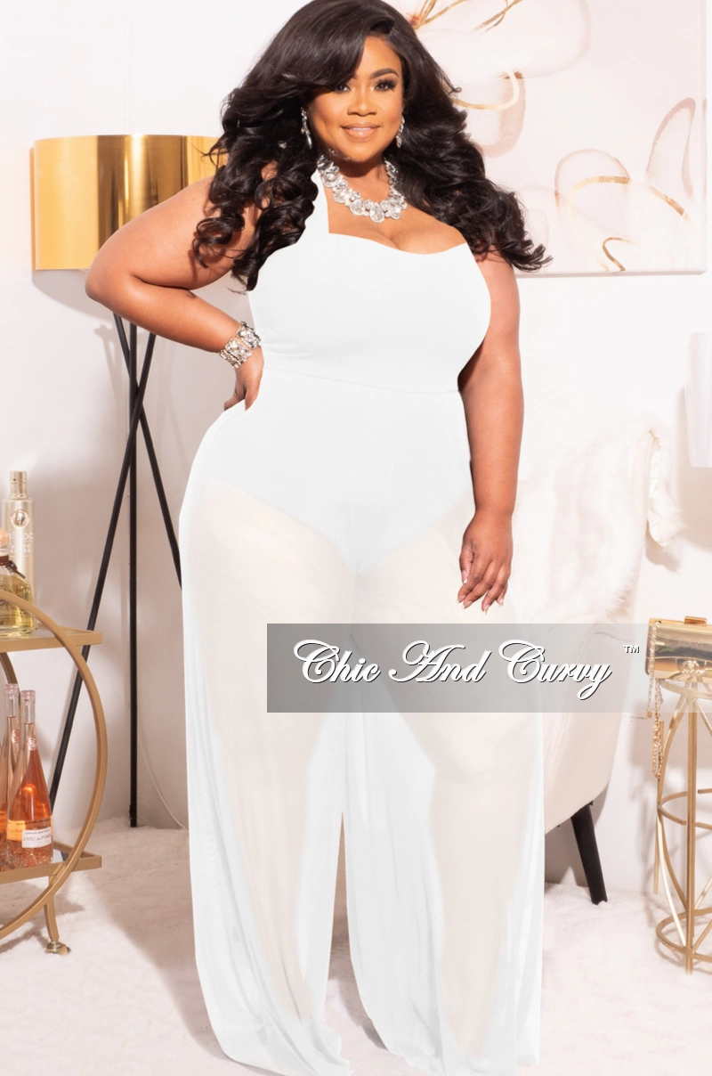 *Final Sale Plus Size Mesh Jumpsuit in White NoiseReducingFabric Mesh Lined