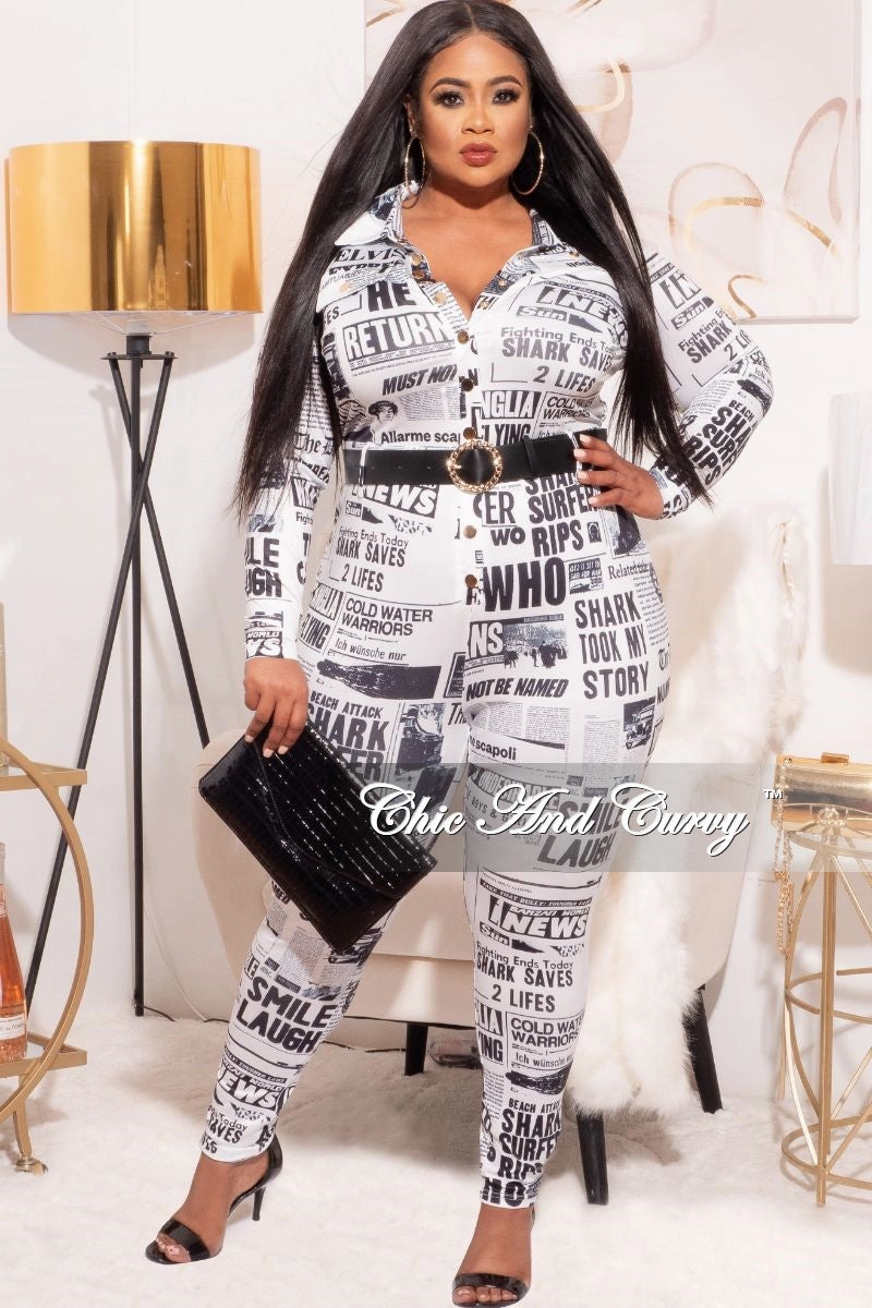 *Final Sale Plus Size NewsPrint Jumpsuit in Black & White Cozy Material