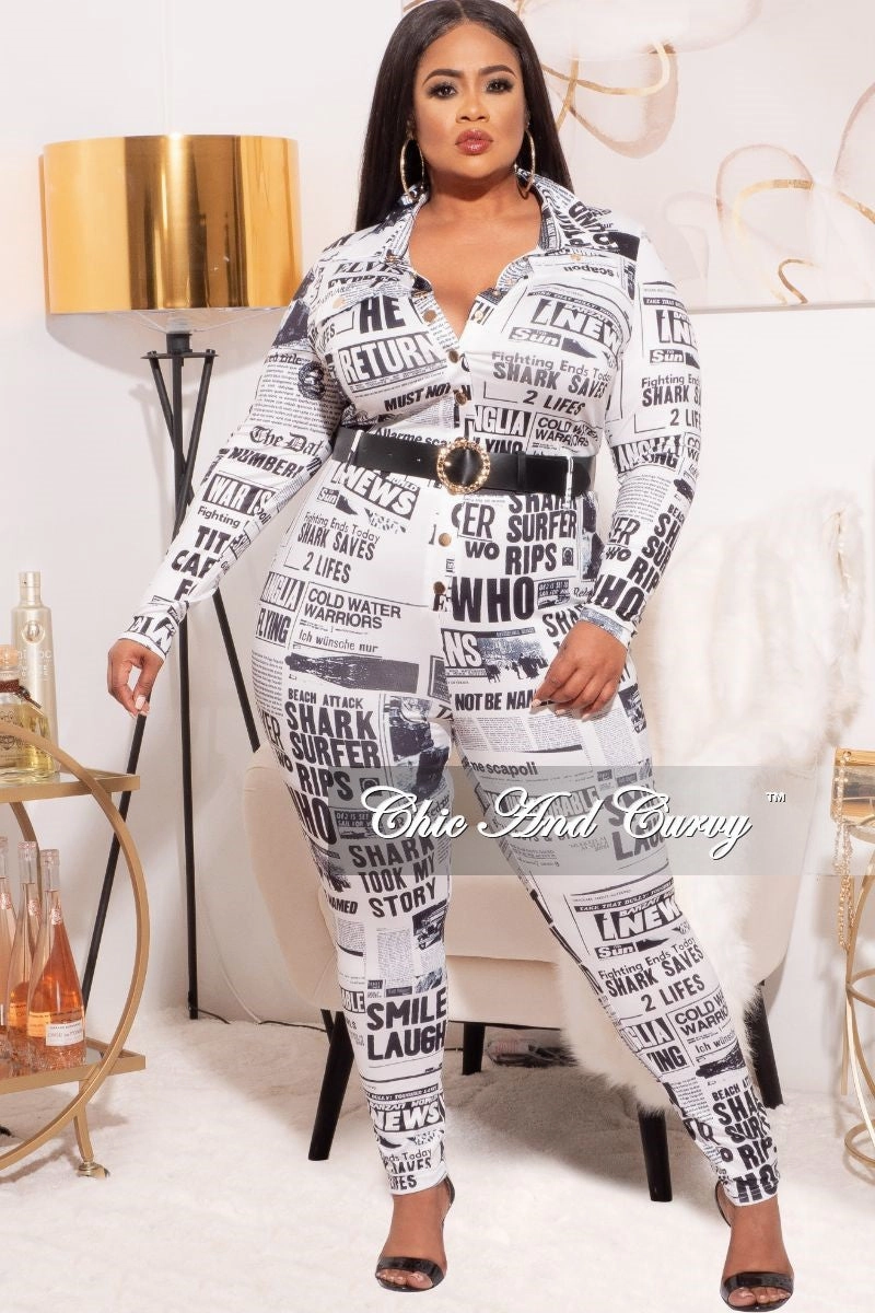 *Final Sale Plus Size NewsPrint Jumpsuit in Black & White Pull-on style Minimalist Fit
