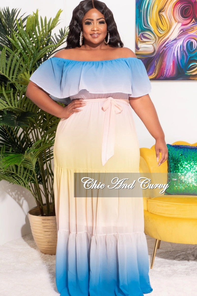*Final Sale Plus Size Off The Shoulder Chiffon Maxi Dress in Yellow, Blue & Peach Ombre Summer Flexible Design