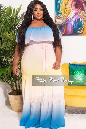 *Final Sale Plus Size Off The Shoulder Chiffon Maxi Dress in Yellow, Blue & Peach Ombre Summer NonBindingWaistline