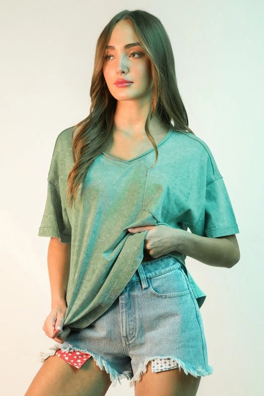 Ergonomic Shoulder Shape Abby Mineral Washed V-neck Knit Top