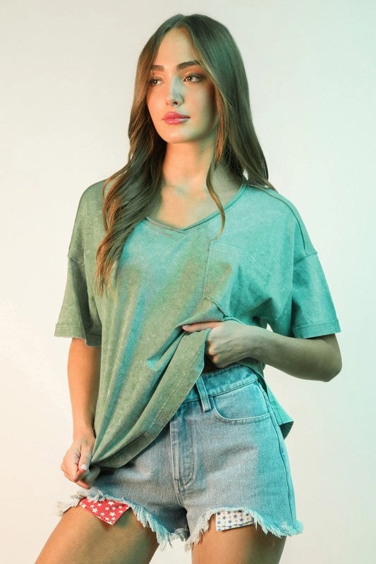 MultiPanelBreathability Abby Mineral Washed V-neck Knit Top